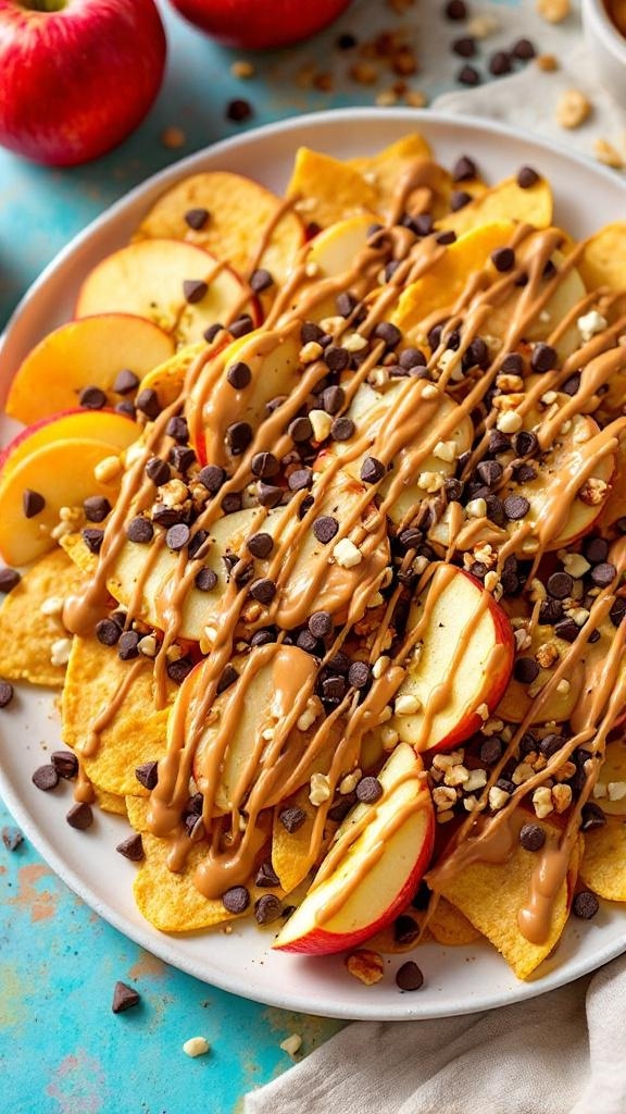 A plate of apple nachos topped with peanut butter, chocolate chips, and nuts.