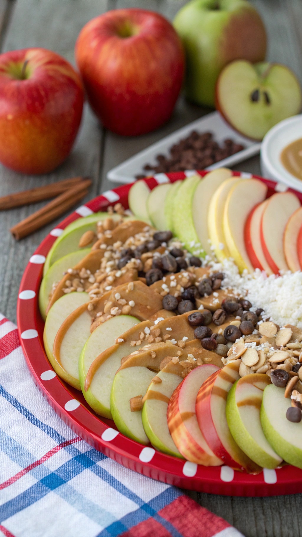 A colorful platter of apple nachos topped with peanut butter, chocolate chips, nuts, and coconut flakes.