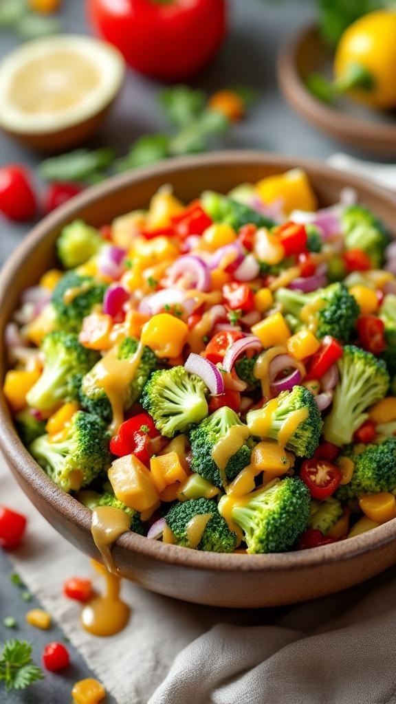 A colorful bowl of broccoli salad with honey mustard dressing, featuring vibrant vegetables like red peppers and cherry tomatoes.