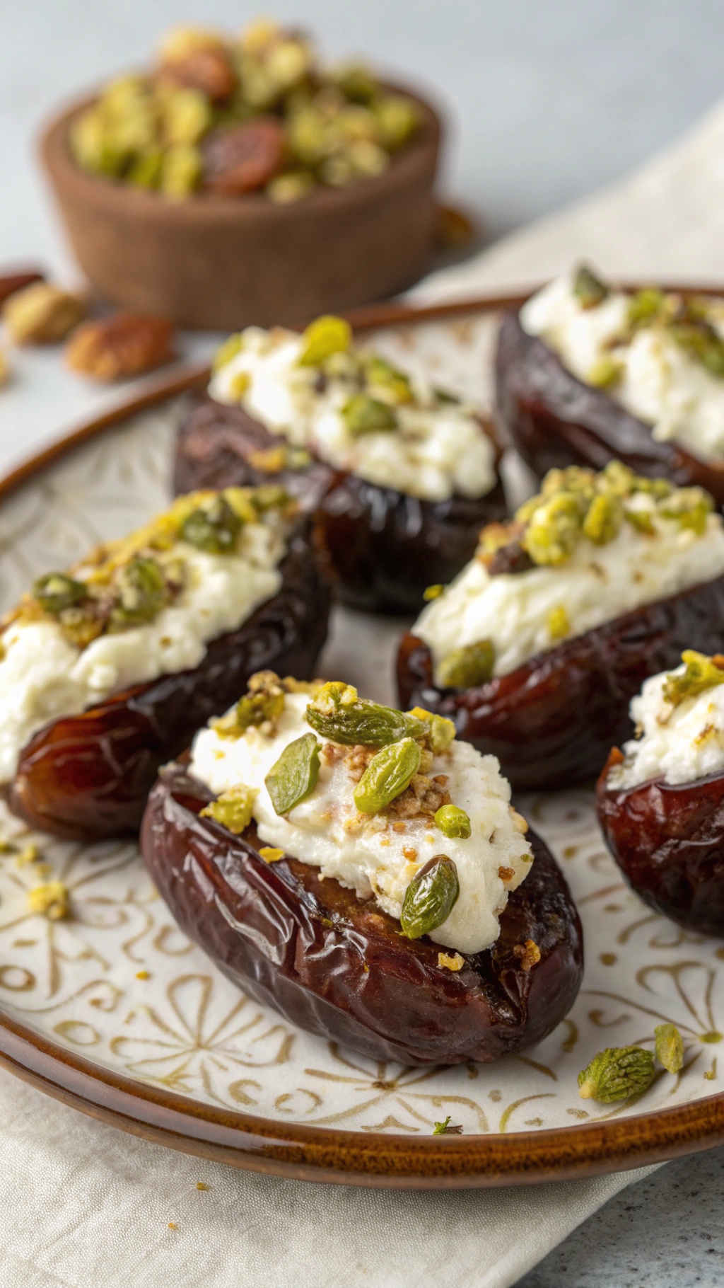 A plate of cheese stuffed dates topped with pistachios, served as a party snack.