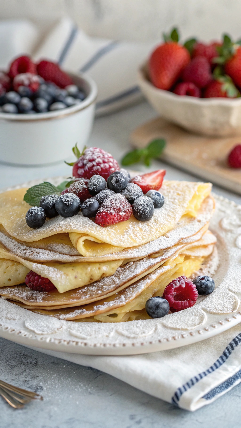 A stack of egg crepes topped with fresh berries and powdered sugar.