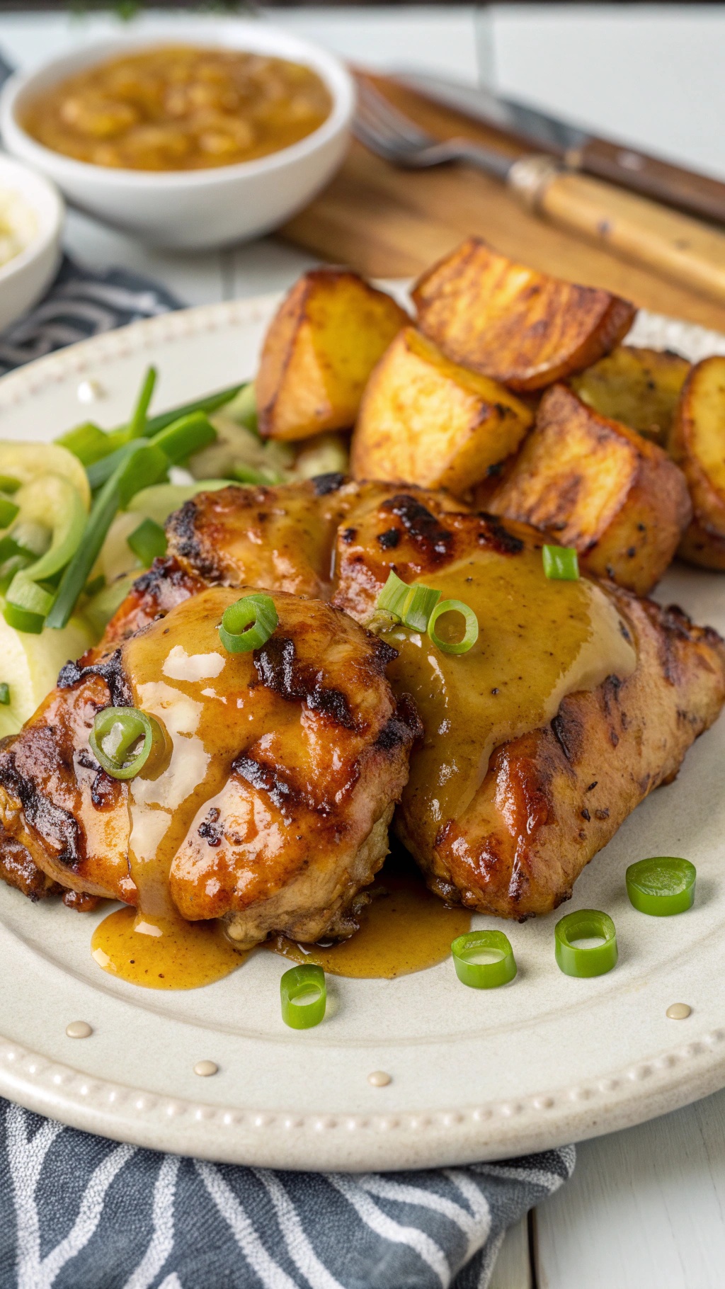 Plate of honey mustard chicken with roasted potatoes and green onions