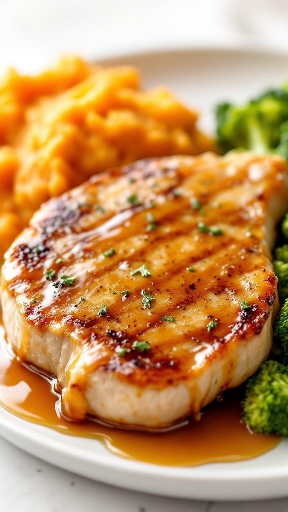 Maple-glazed pork chop served with mashed sweet potatoes and broccoli.