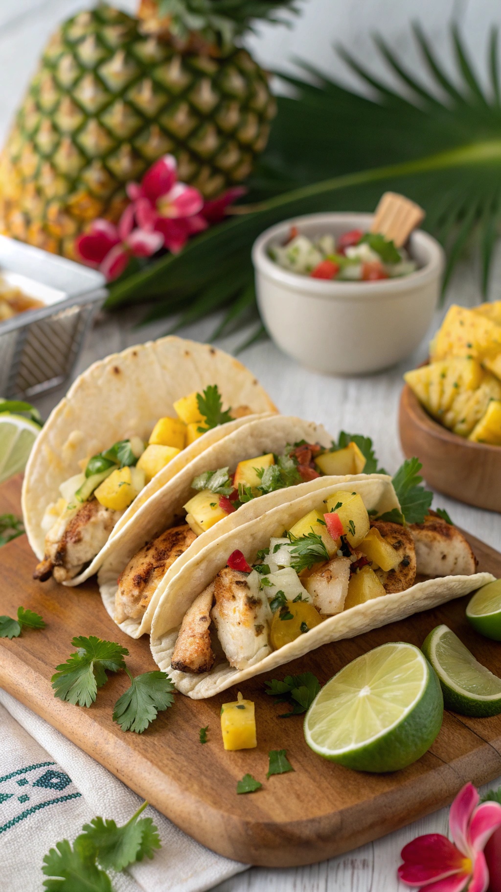 Sweet and savory pineapple chicken tacos on a wooden board with lime and salsa.