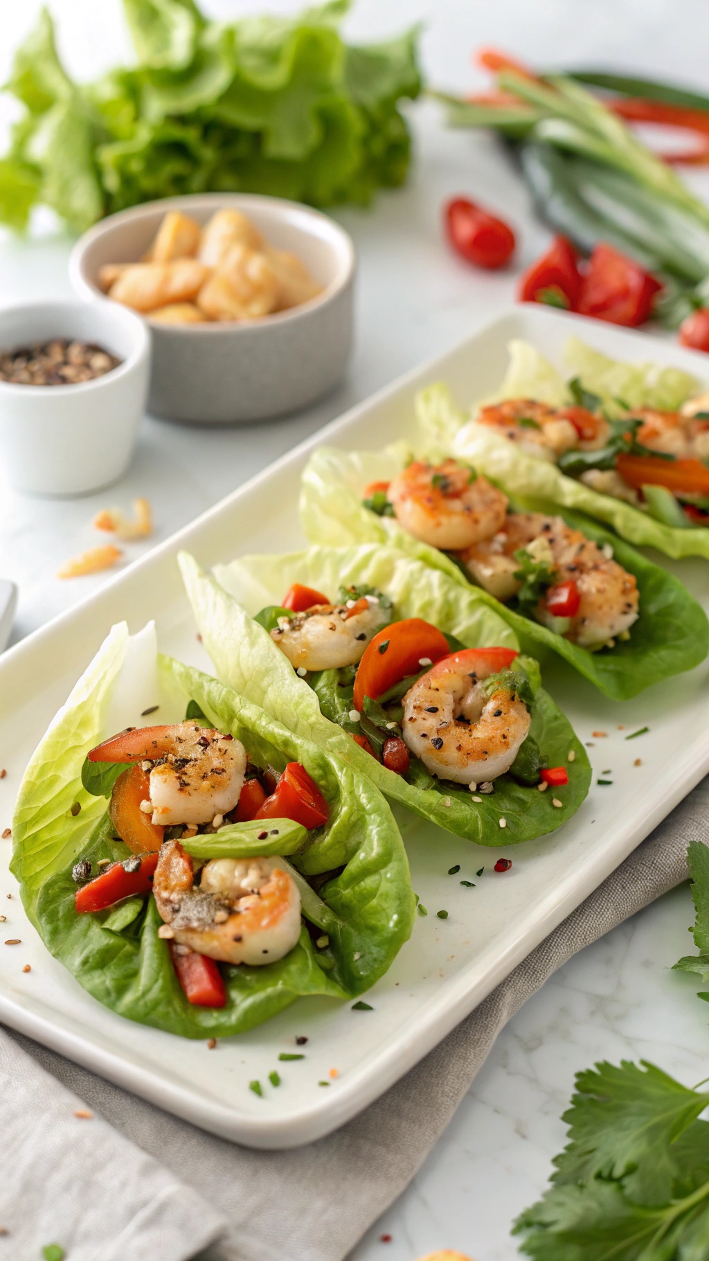A plate of shrimp lettuce wraps filled with shrimp, vegetables, and garnished with sesame seeds and cilantro.