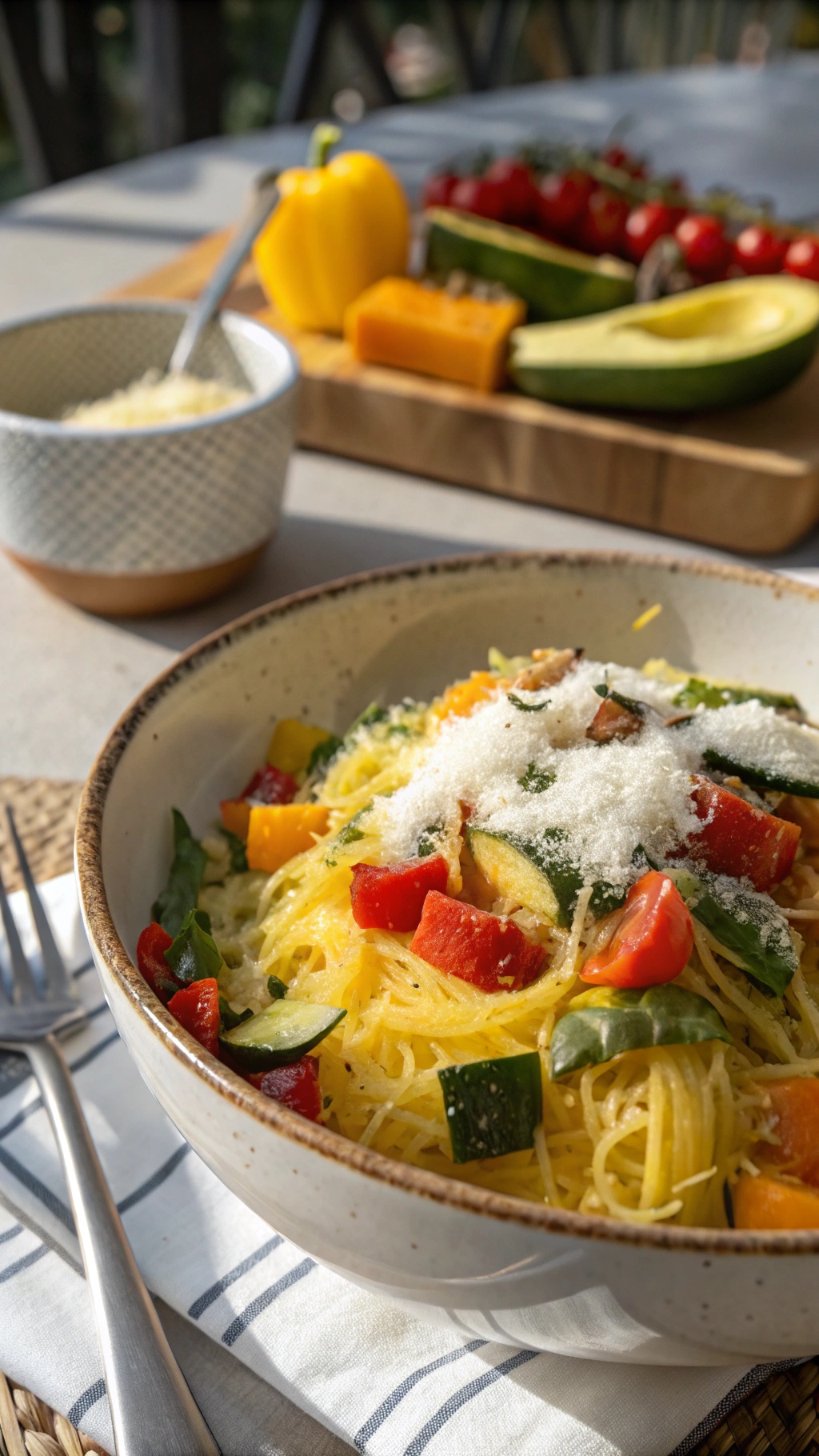 A bowl of spaghetti squash primavera topped with colorful vegetables and cheese.