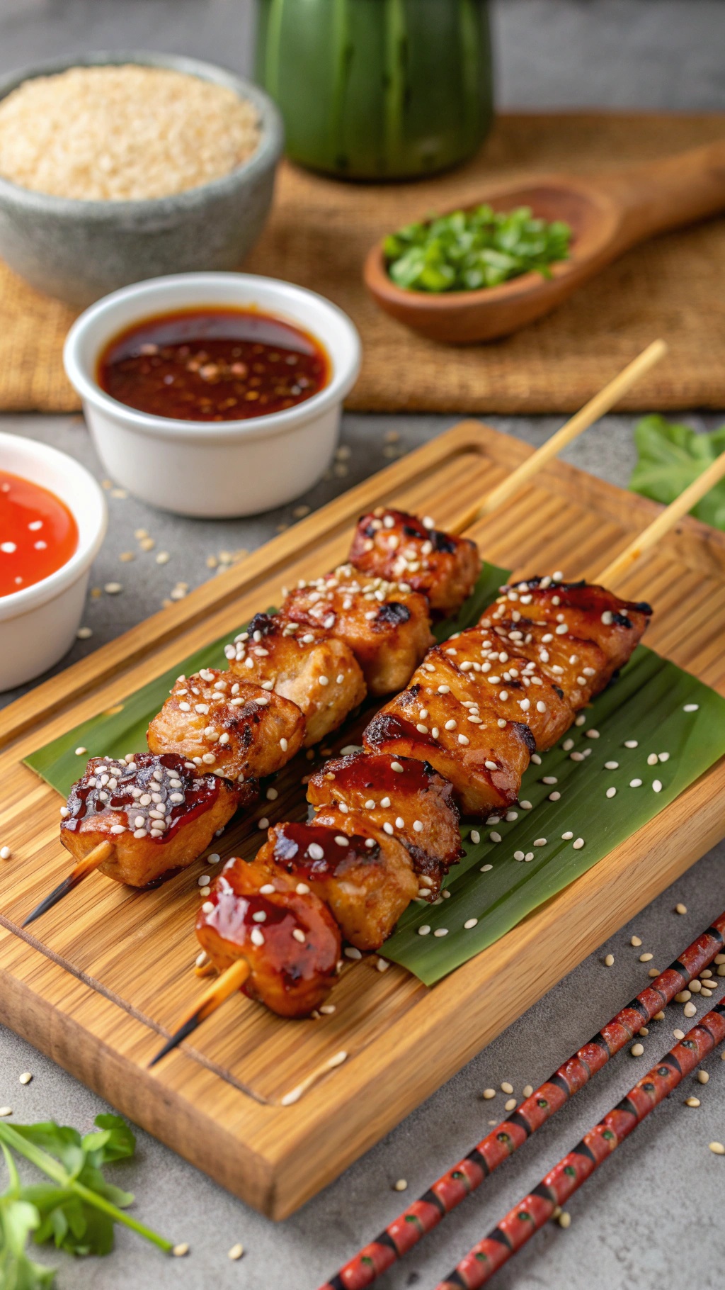 Teriyaki chicken skewers on a wooden platter with dipping sauces and sesame seeds.