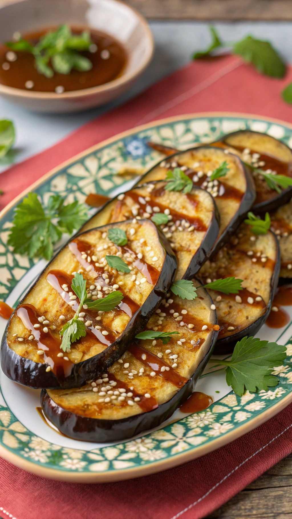 Grilled eggplant slices drizzled with maple glaze, garnished with herbs and sesame seeds.