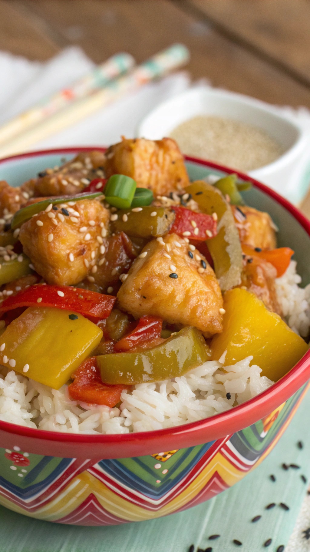 A colorful bowl of sweet and sour baked chicken with bell peppers and rice.
