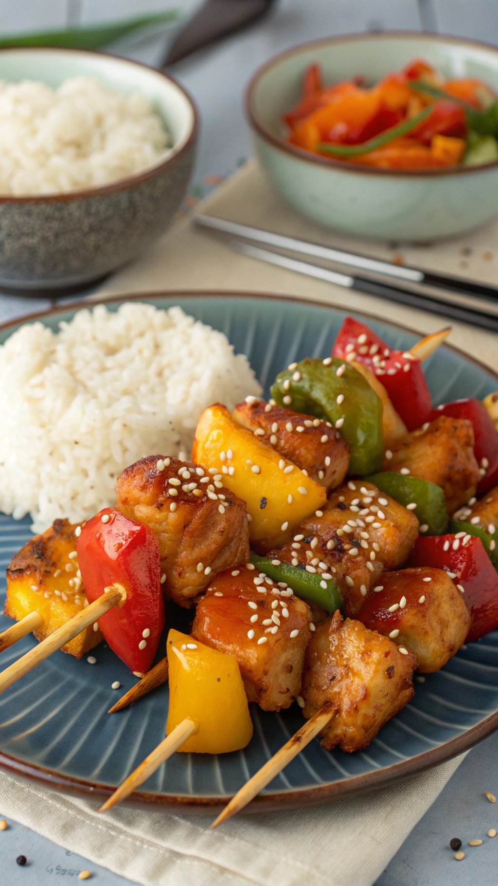 Sweet and sour chicken skewers with colorful bell peppers and rice