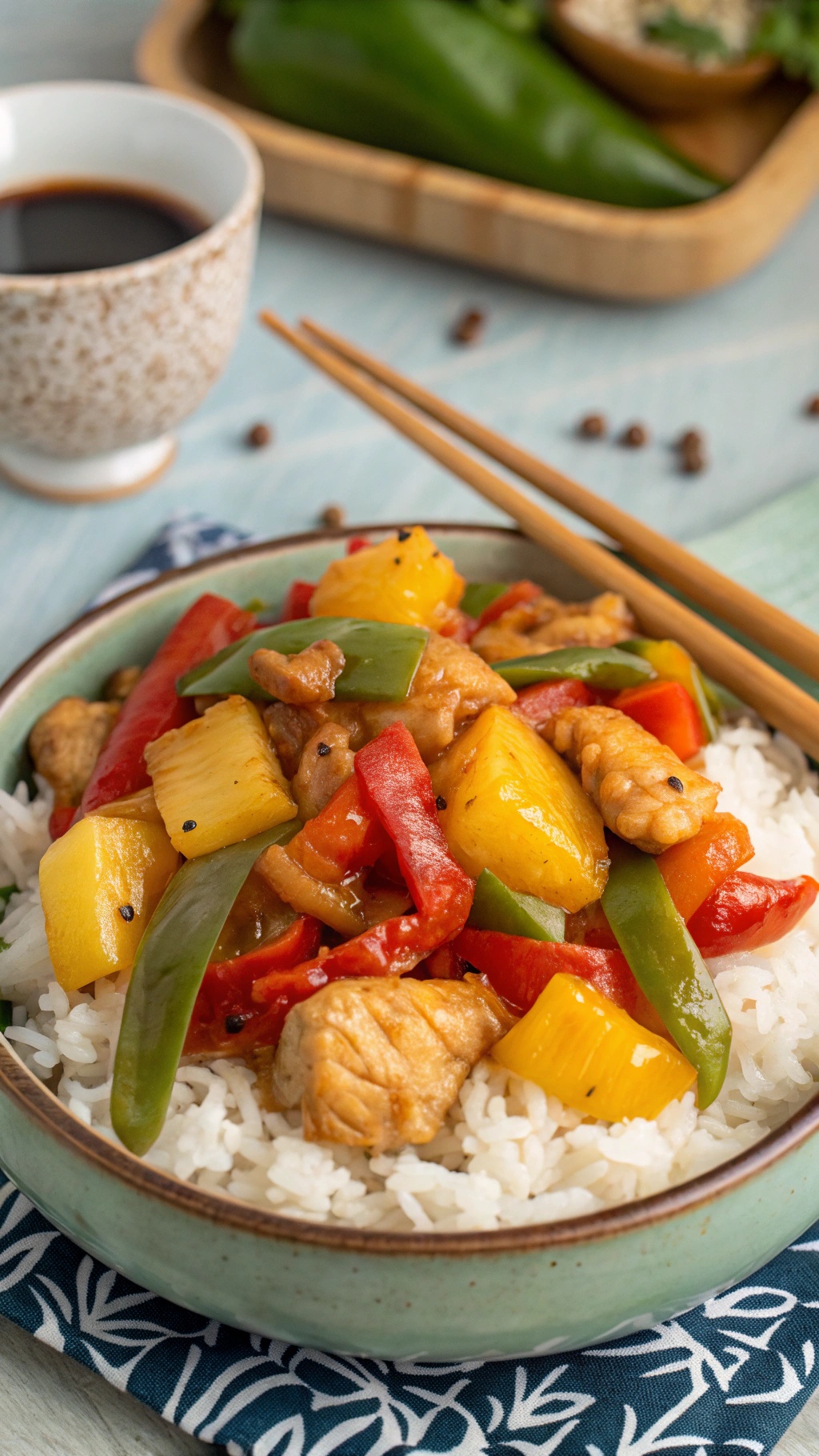 Sweet and sour chicken stir-fry with colorful vegetables and rice
