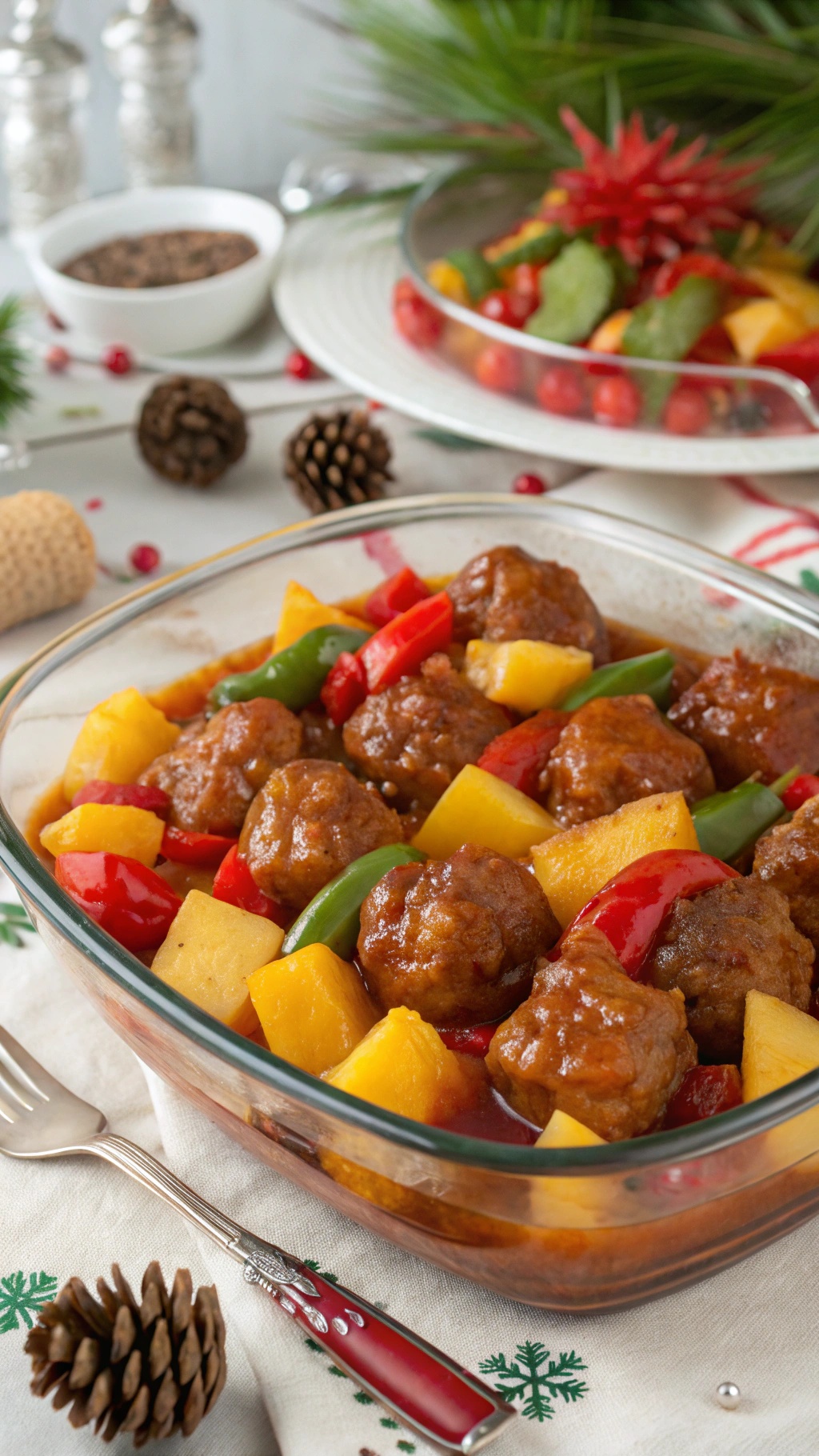 A dish of sweet and sour meatballs with colorful bell peppers and pineapple chunks.