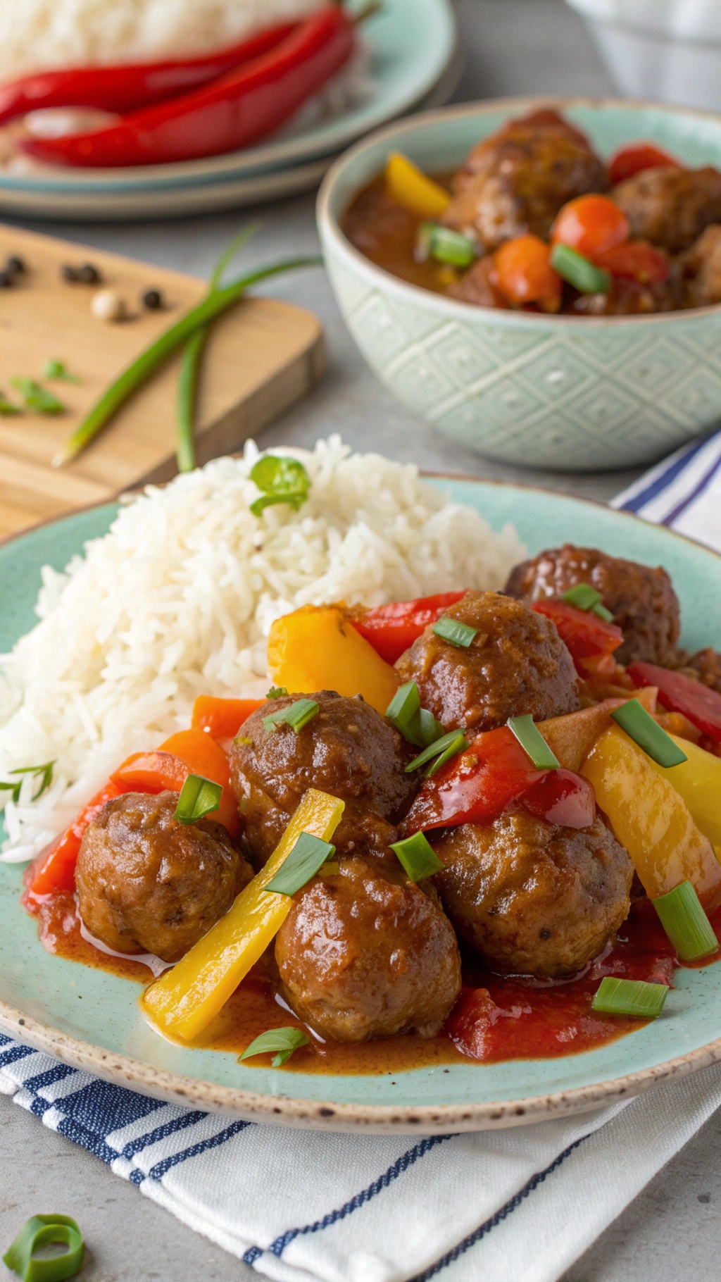 A plate of sweet and sour meatballs with rice and colorful vegetables