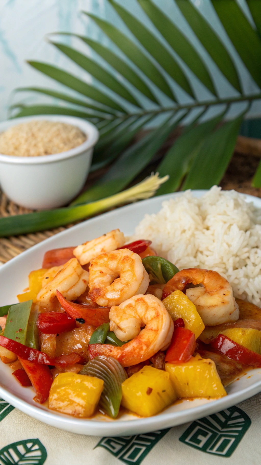 A plate of sweet and sour shrimp with colorful vegetables and rice, garnished with green onions.