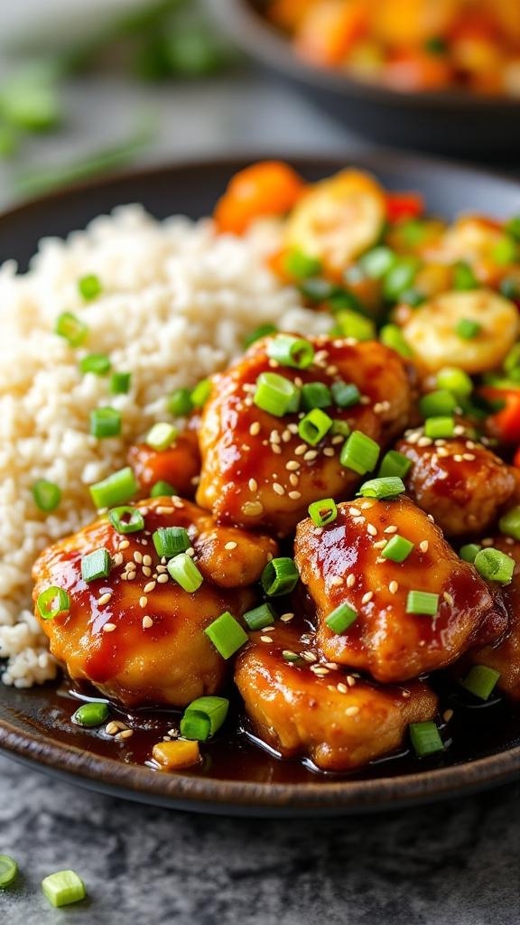 Sweet and sour teriyaki chicken thighs served with rice and garnished with green onions and sesame seeds.