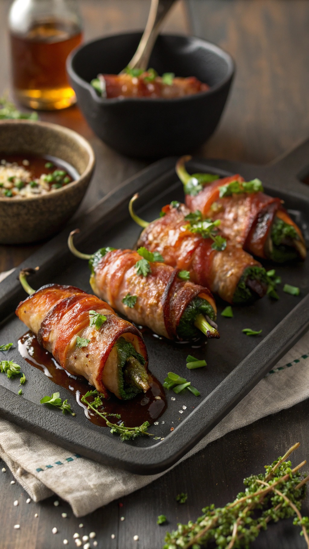 Bacon-wrapped jalapeños on a serving platter with garnishes