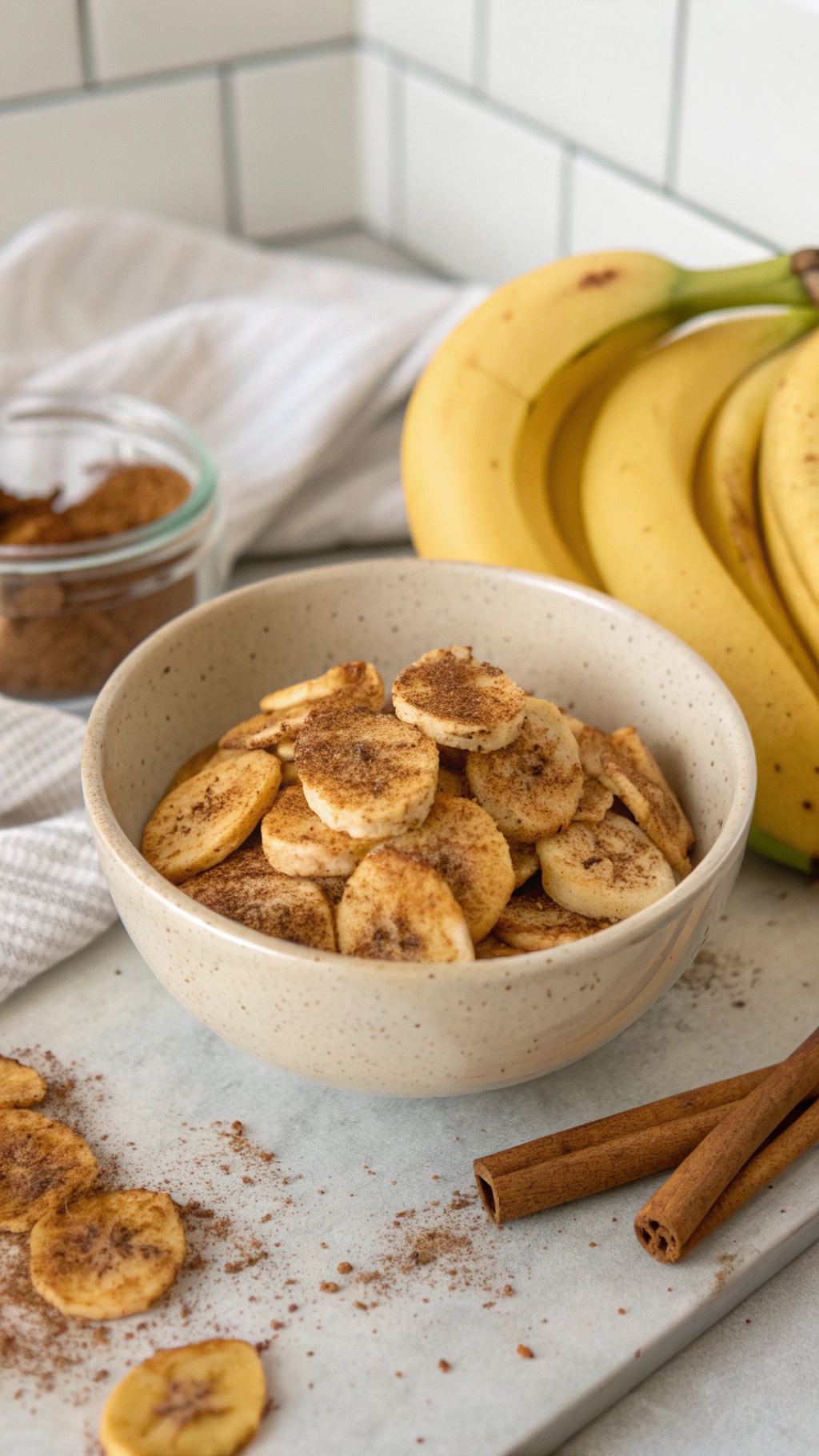 A bowl of sweet and spicy banana chips with bananas and cinnamon sticks in the background.