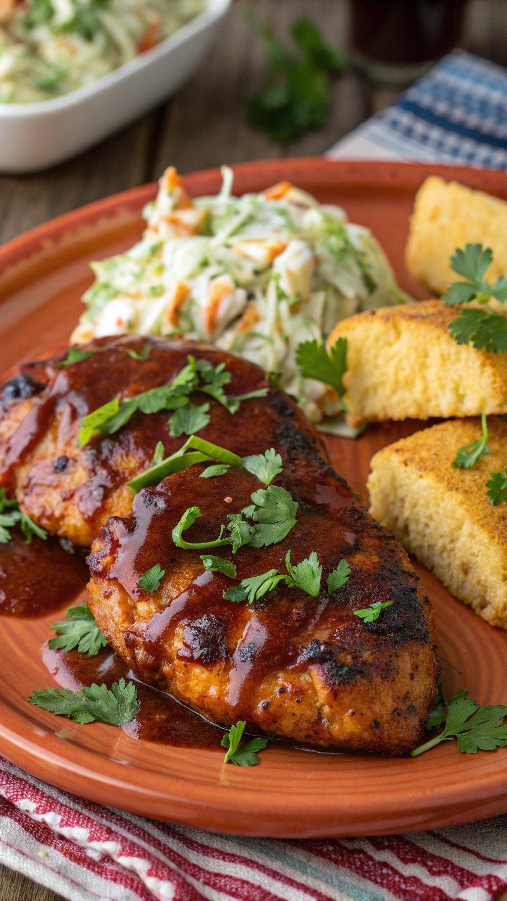 Sweet and spicy BBQ chicken breasts served with coleslaw and cornbread on a plate.