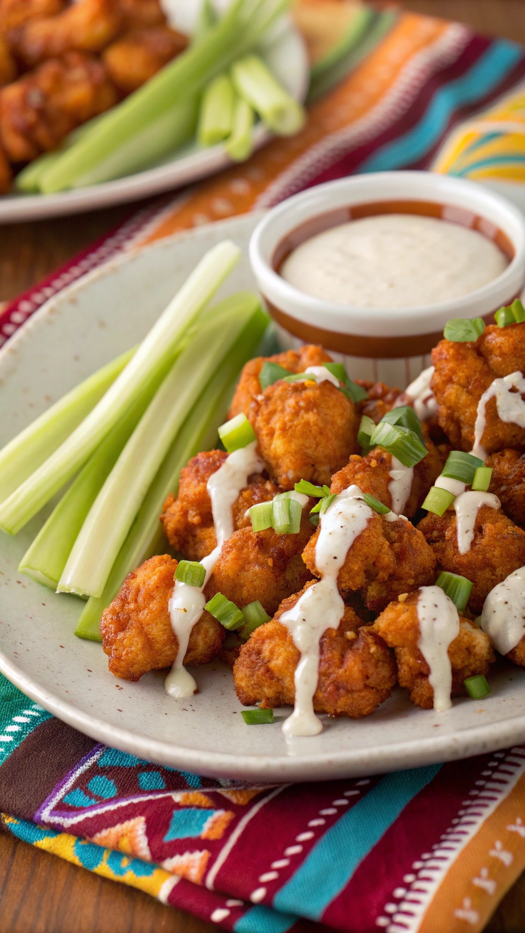 Plate of sweet and spicy buffalo cauliflower bites with celery sticks and dipping sauce