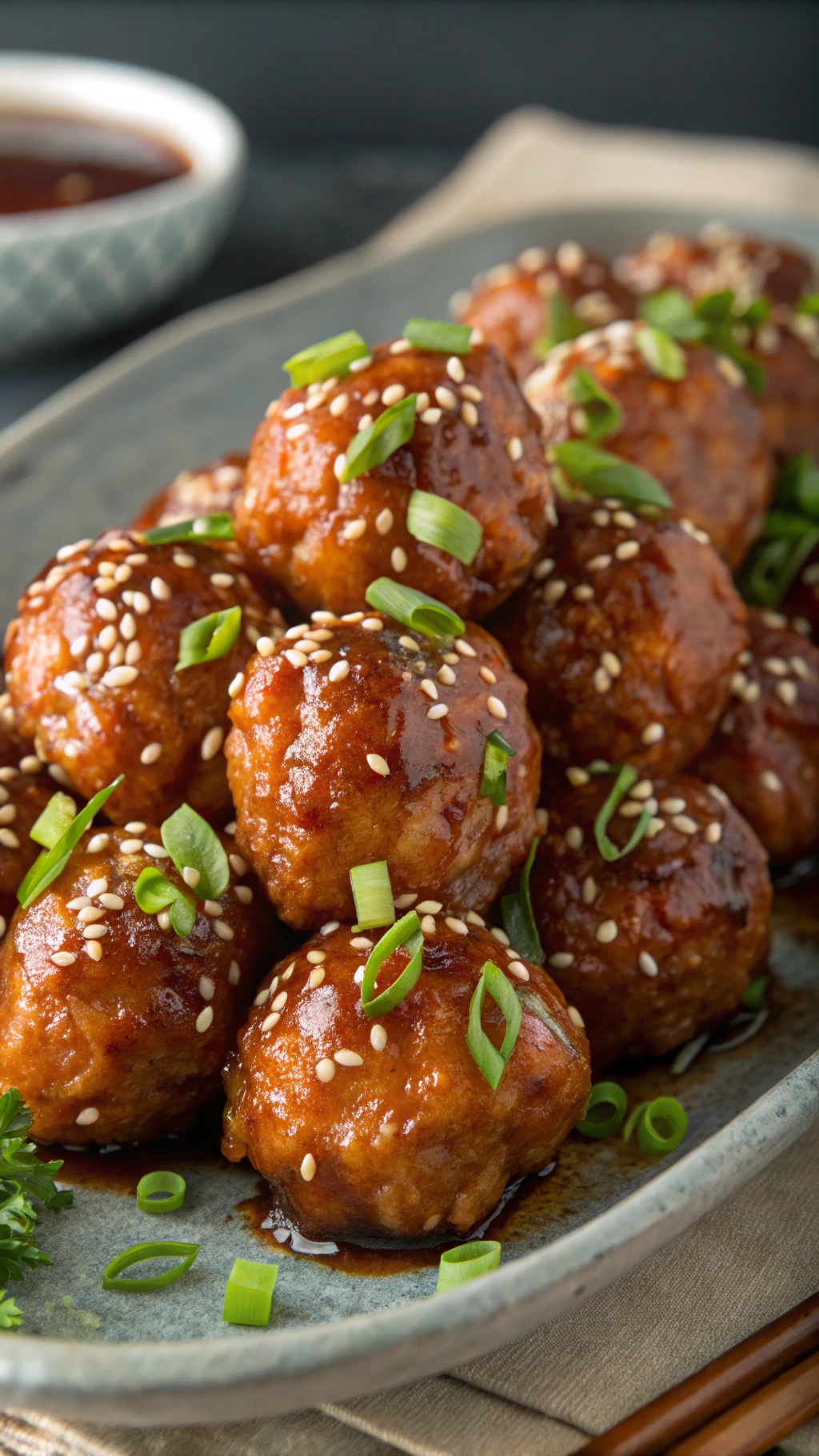 Plate of sweet and spicy chicken meatballs garnished with green onions and sesame seeds.