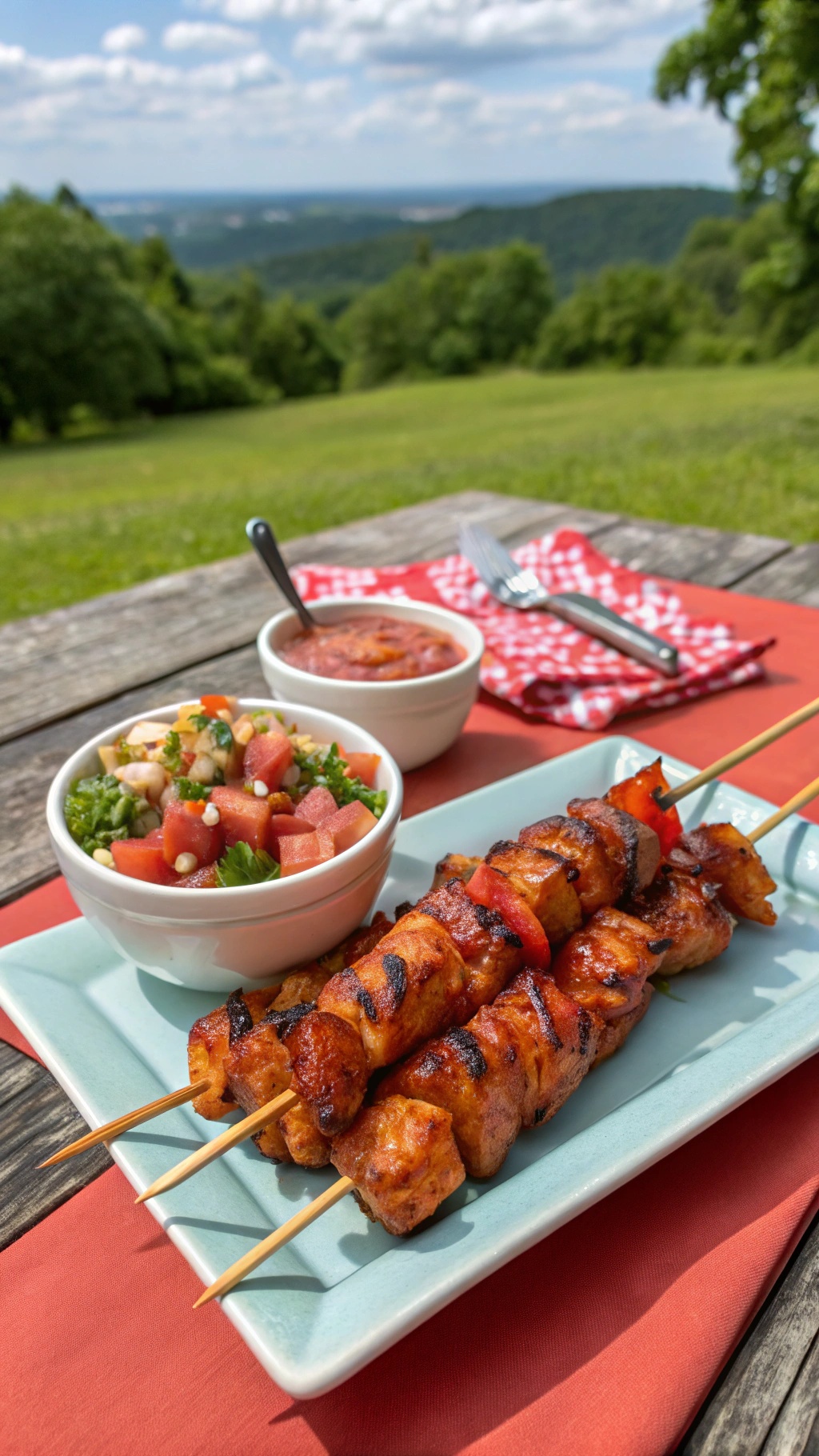 Sweet and spicy chipotle chicken skewers served with salad and dipping sauce