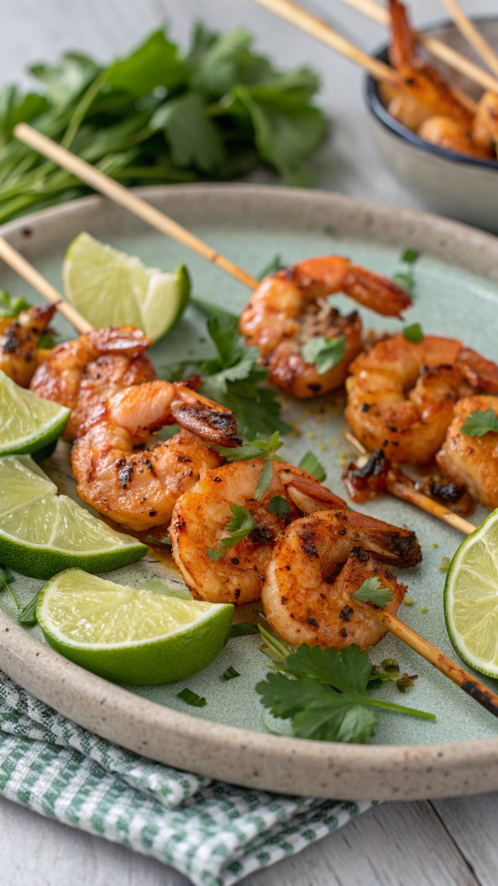 Grilled shrimp skewers on a plate with lime and herbs