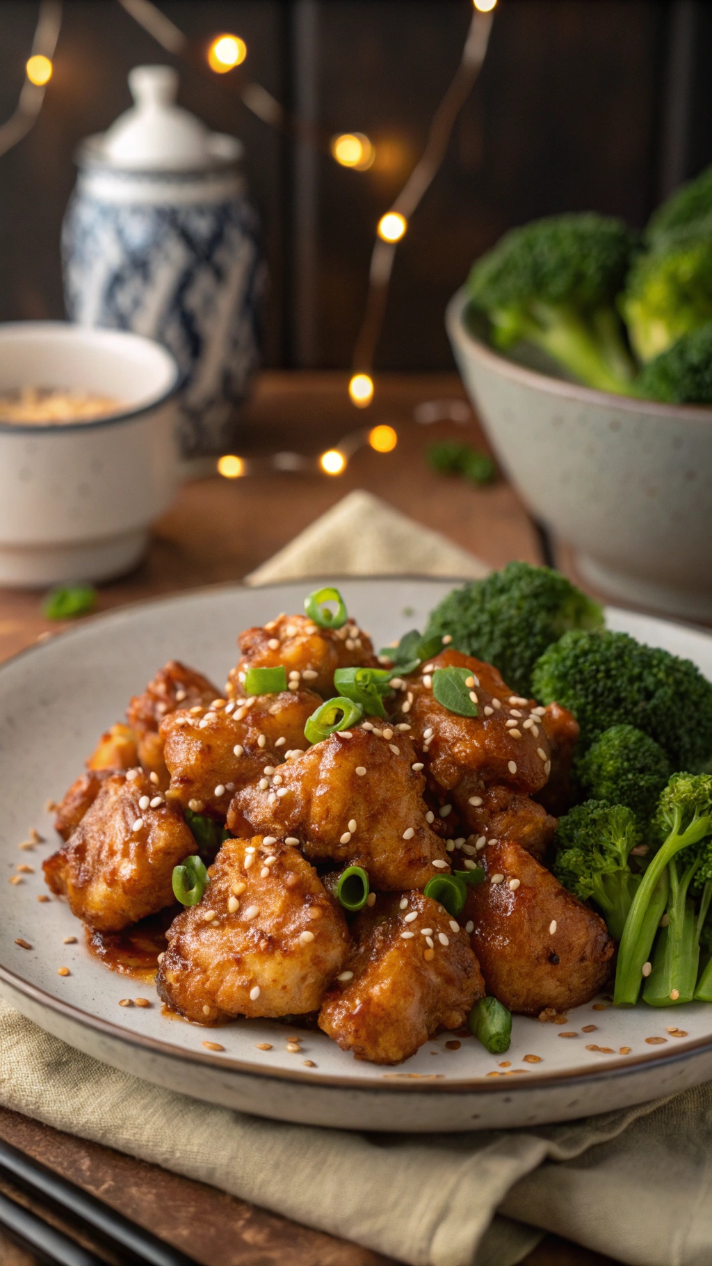 A plate of Sweet and Spicy Honey Garlic Chicken garnished with green onions and sesame seeds, served with broccoli.