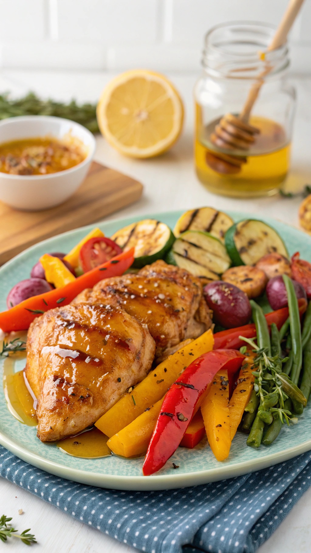 A plate of Sweet and Spicy Honey Mustard Chicken with colorful grilled vegetables.