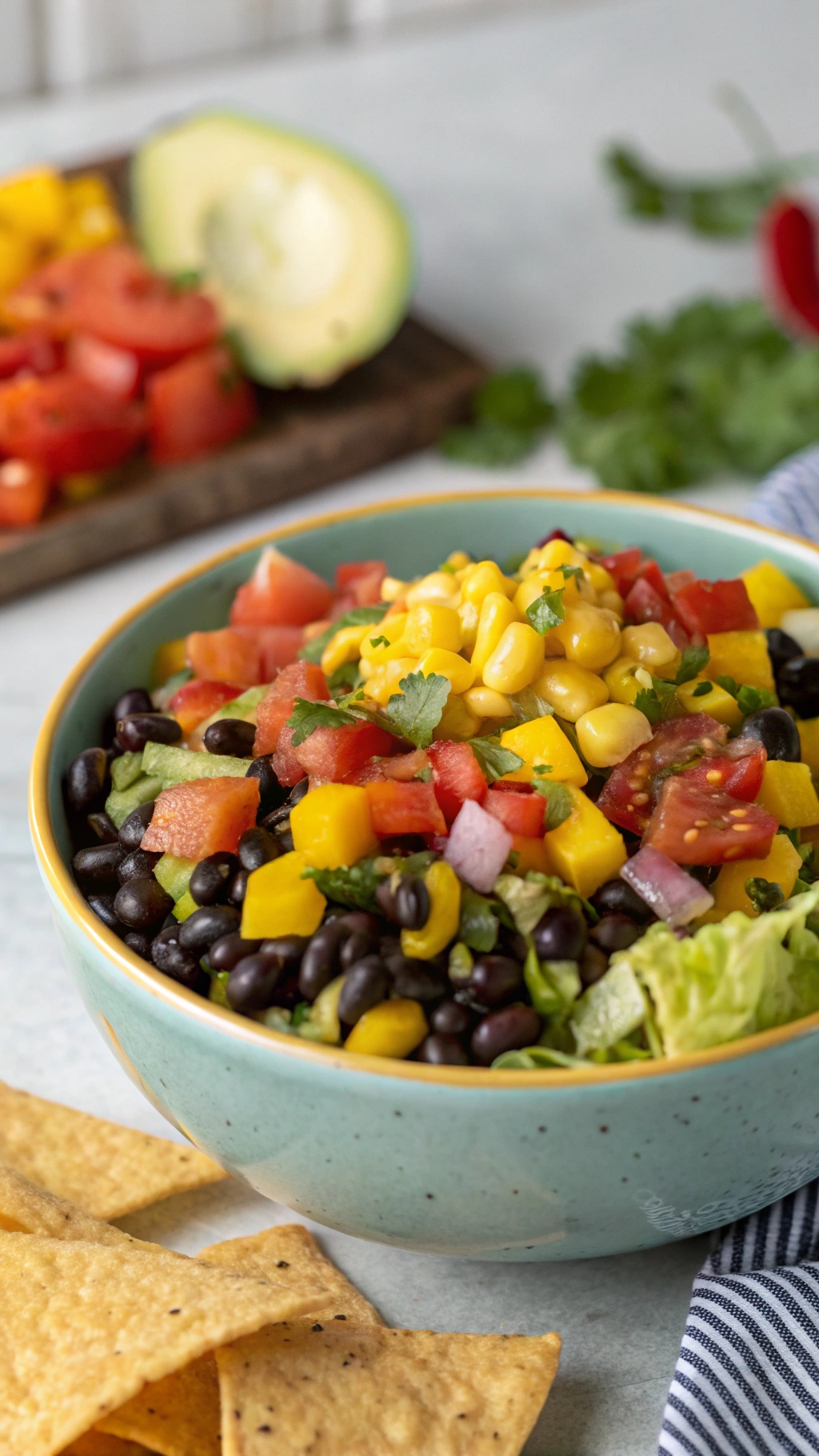A colorful bowl of Sweet and Spicy Mango Salsa Taco Salad with black beans, corn, diced tomatoes, and mango, served with tortilla chips.