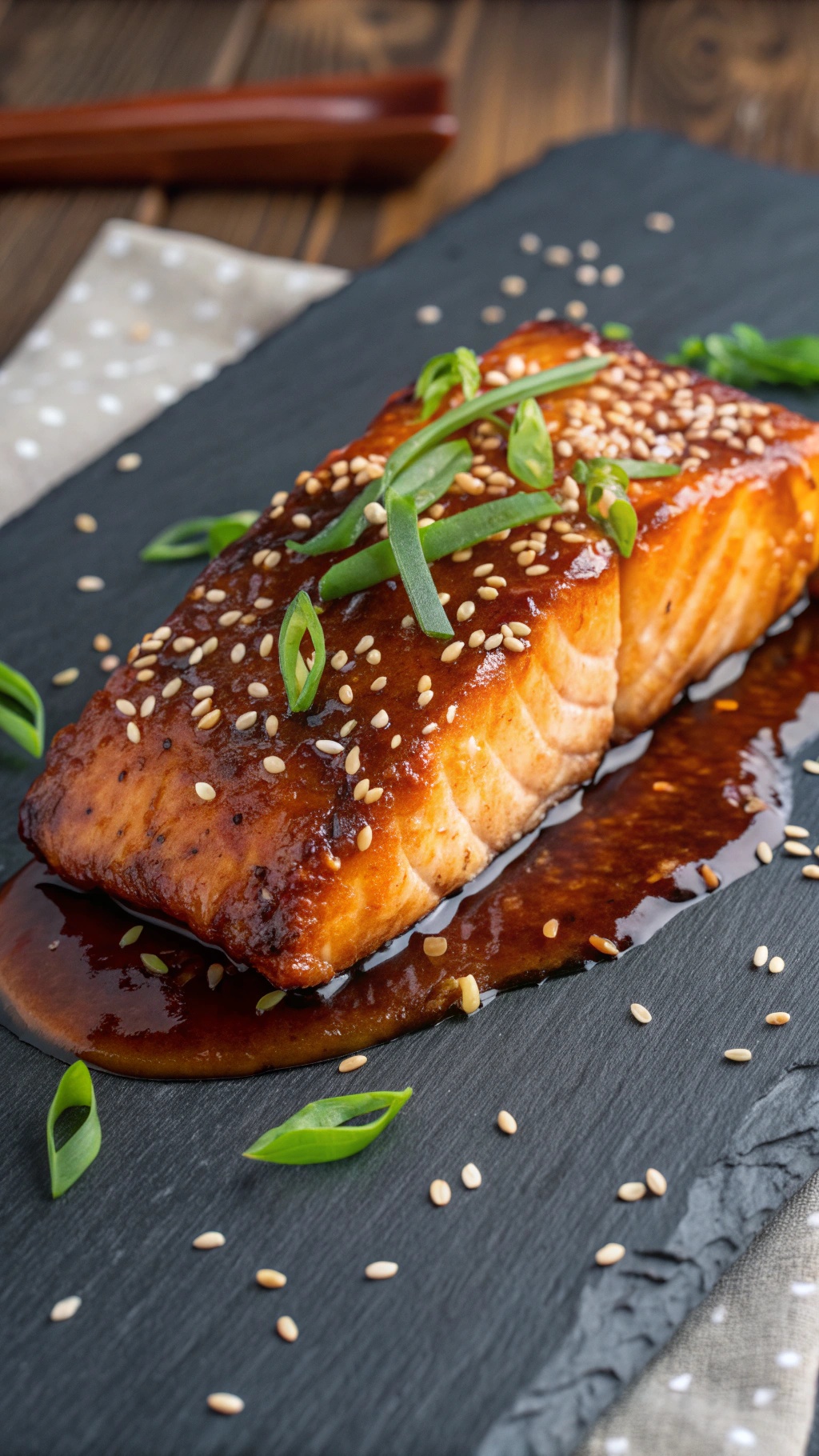 Delicious sweet and spicy maple glazed salmon with sesame seeds and green onions on a slate plate.