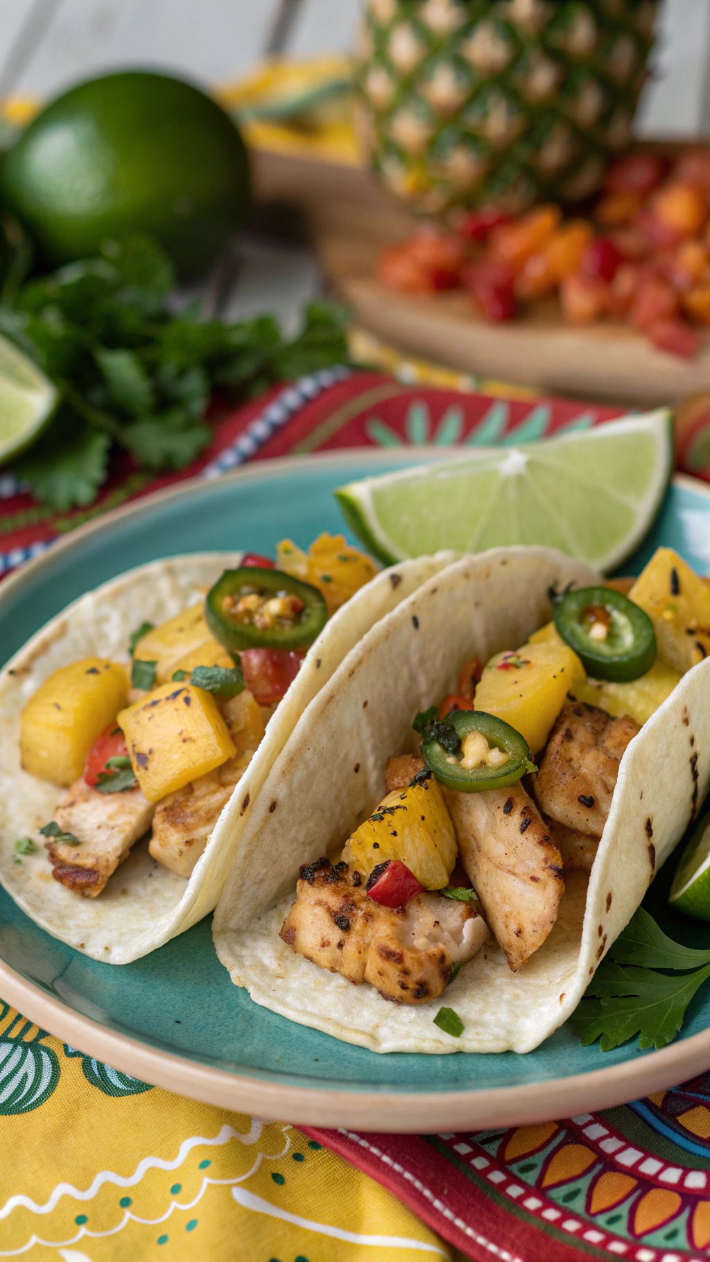 Sweet and spicy pineapple chicken tacos served on a colorful plate with fresh ingredients.