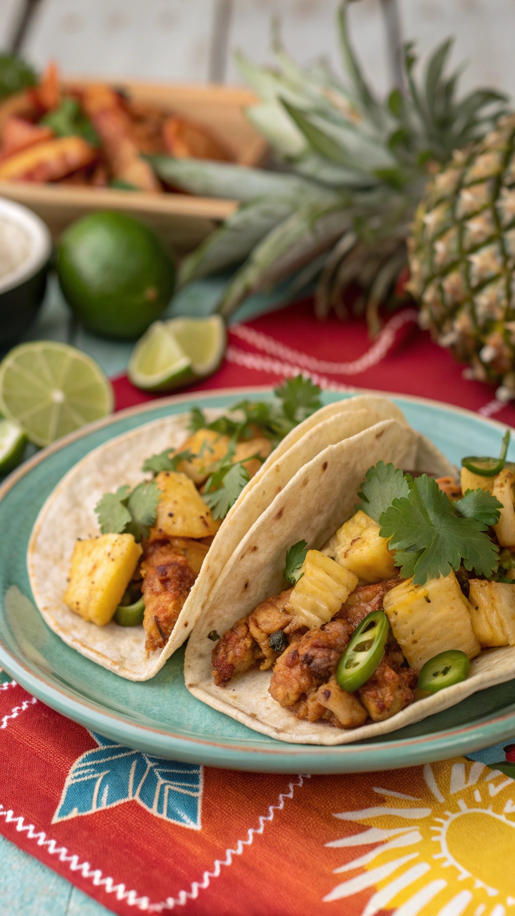 Sweet and spicy pineapple chicken tacos served on a colorful plate with garnishes.