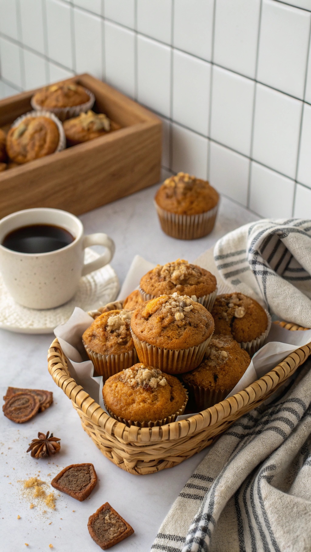 A basket of sweet and spicy pumpkin muffins with a cup of coffee on the side.