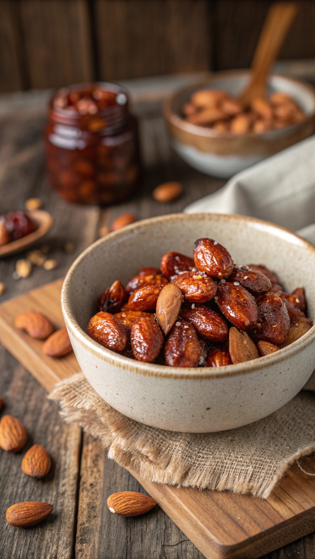 A bowl of sweet and spicy roasted almonds on a wooden table.