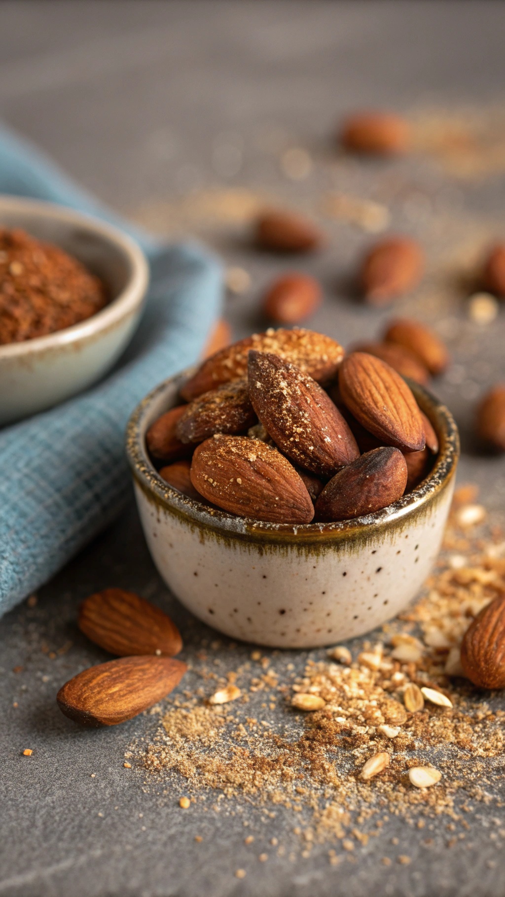 A bowl of sweet and spicy roasted almonds with spices sprinkled around.