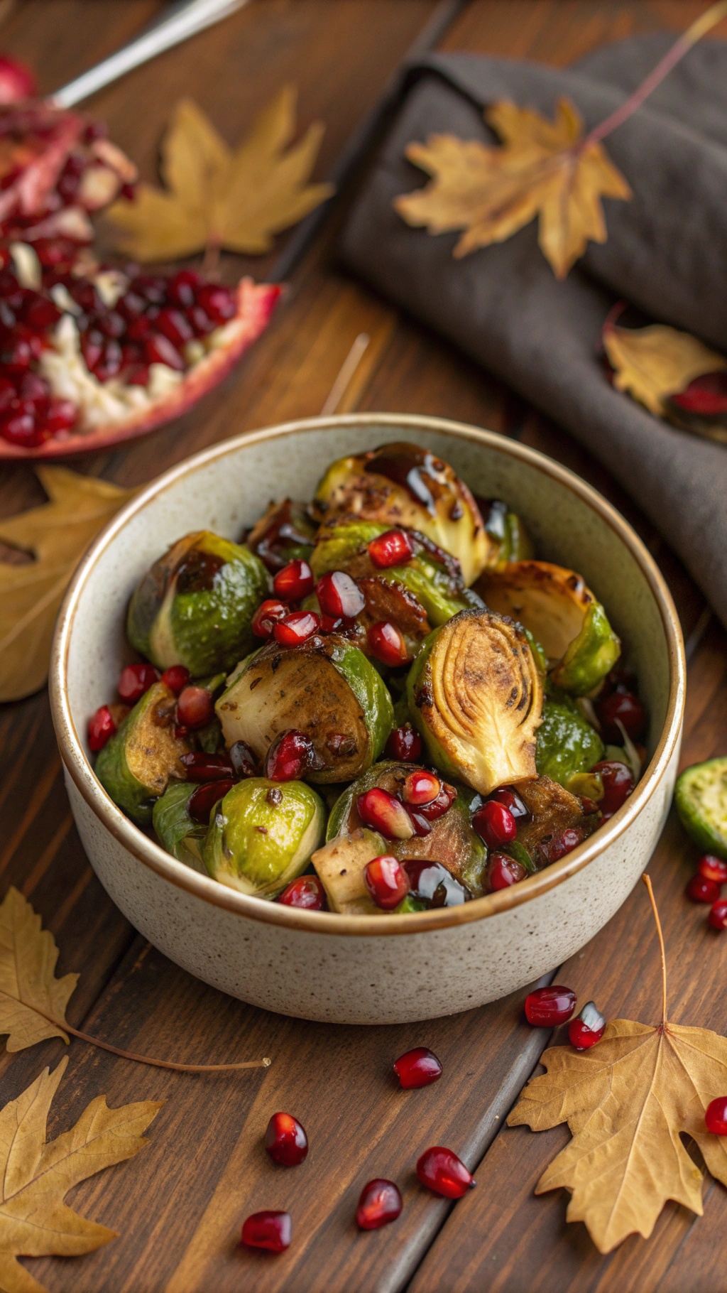 A bowl of sweet and spicy roasted Brussels sprouts topped with pomegranate seeds, surrounded by autumn leaves.