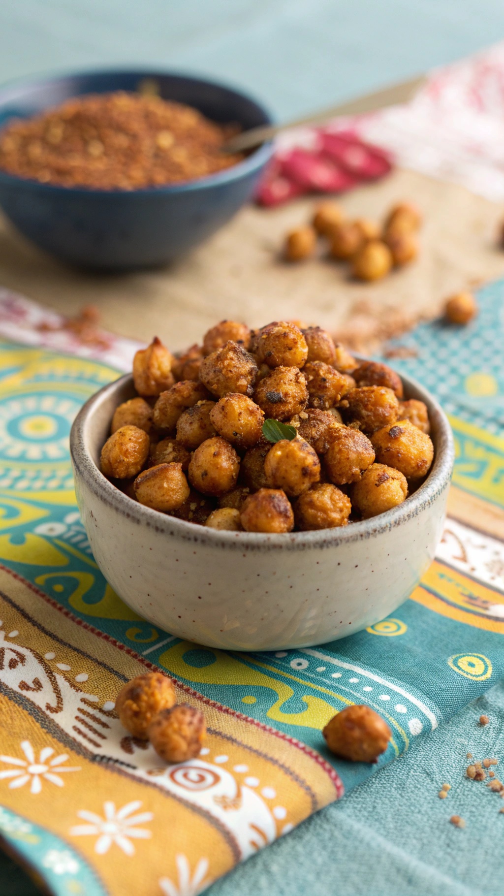 A bowl of sweet and spicy roasted chickpeas on a colorful tablecloth.
