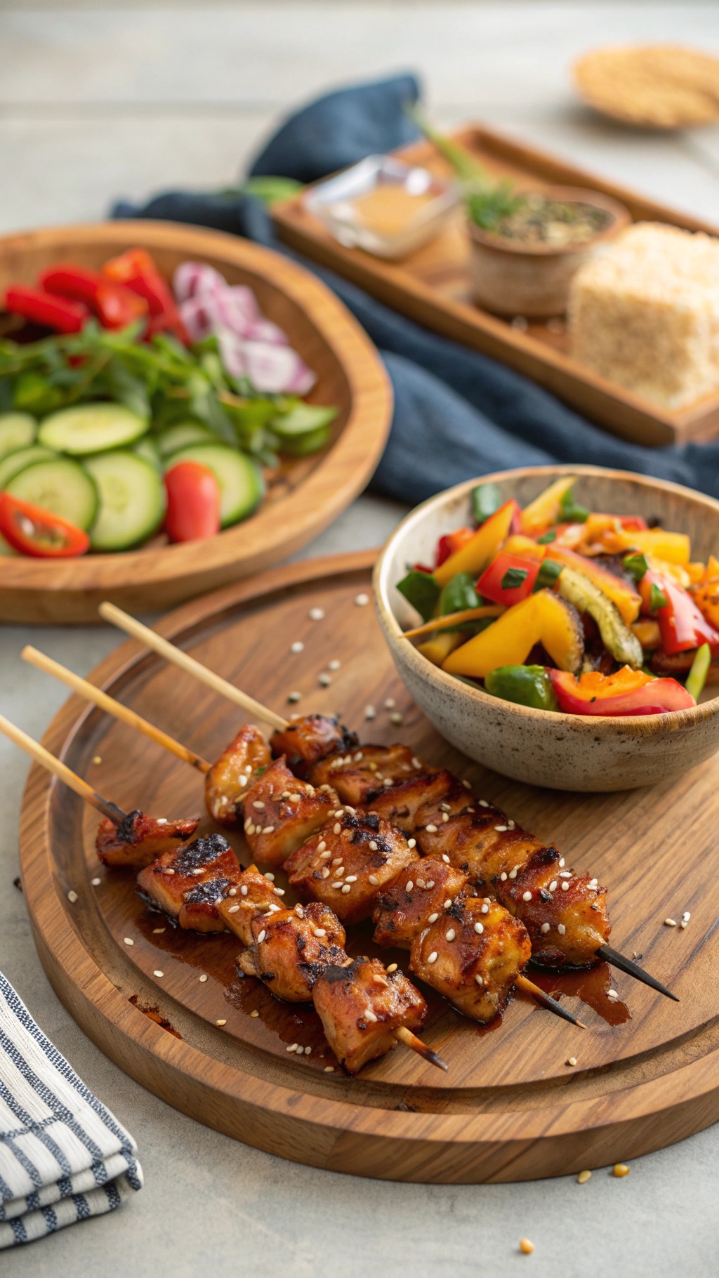 Delicious Sweet and Spicy Teriyaki Chicken Skewers served with fresh vegetables