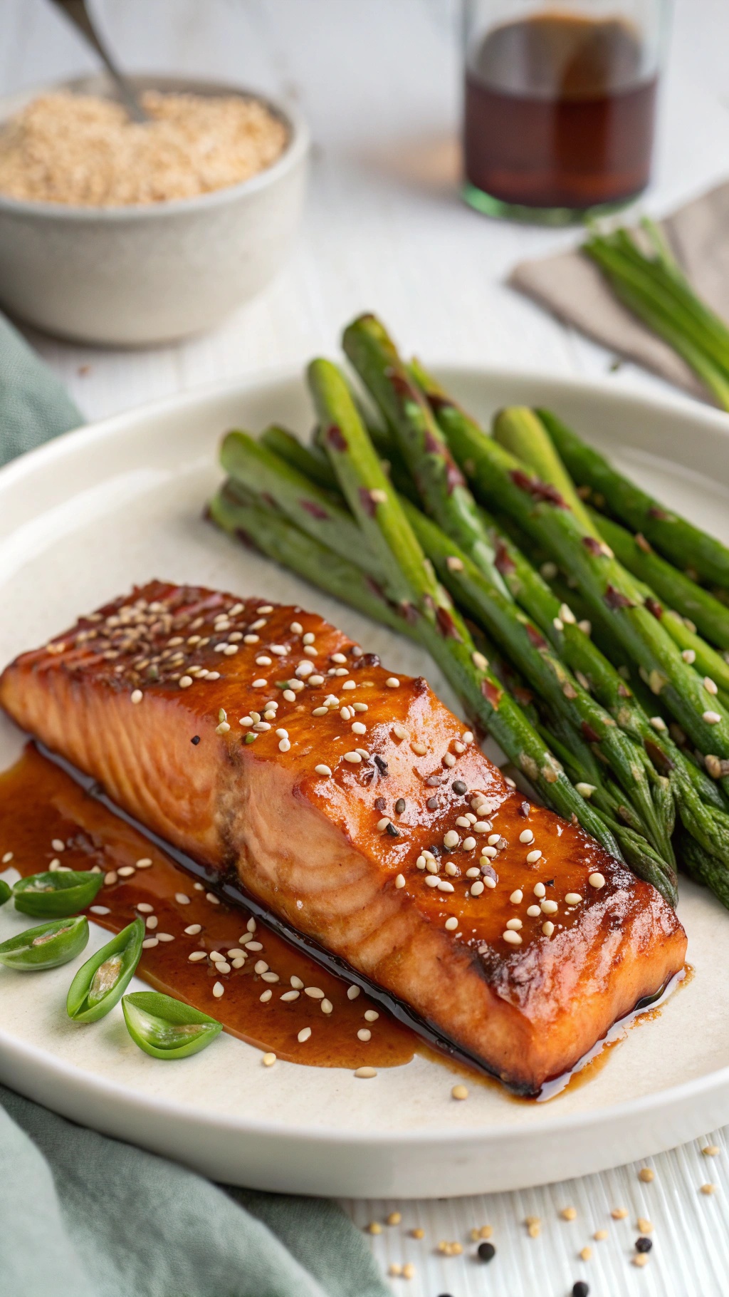 A plate of Sweet and Spicy Teriyaki Salmon with asparagus, garnished with sesame seeds and green onions.