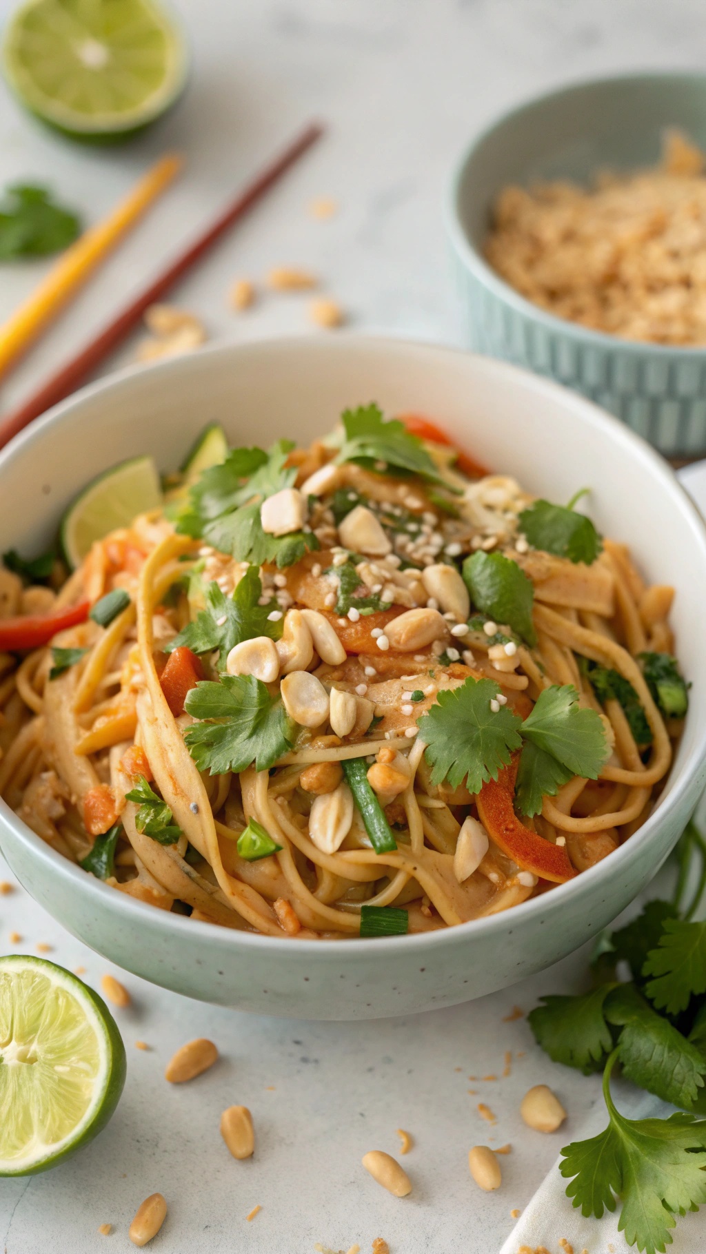Bowl of Sweet and Spicy Thai Peanut Noodles topped with cilantro and peanuts