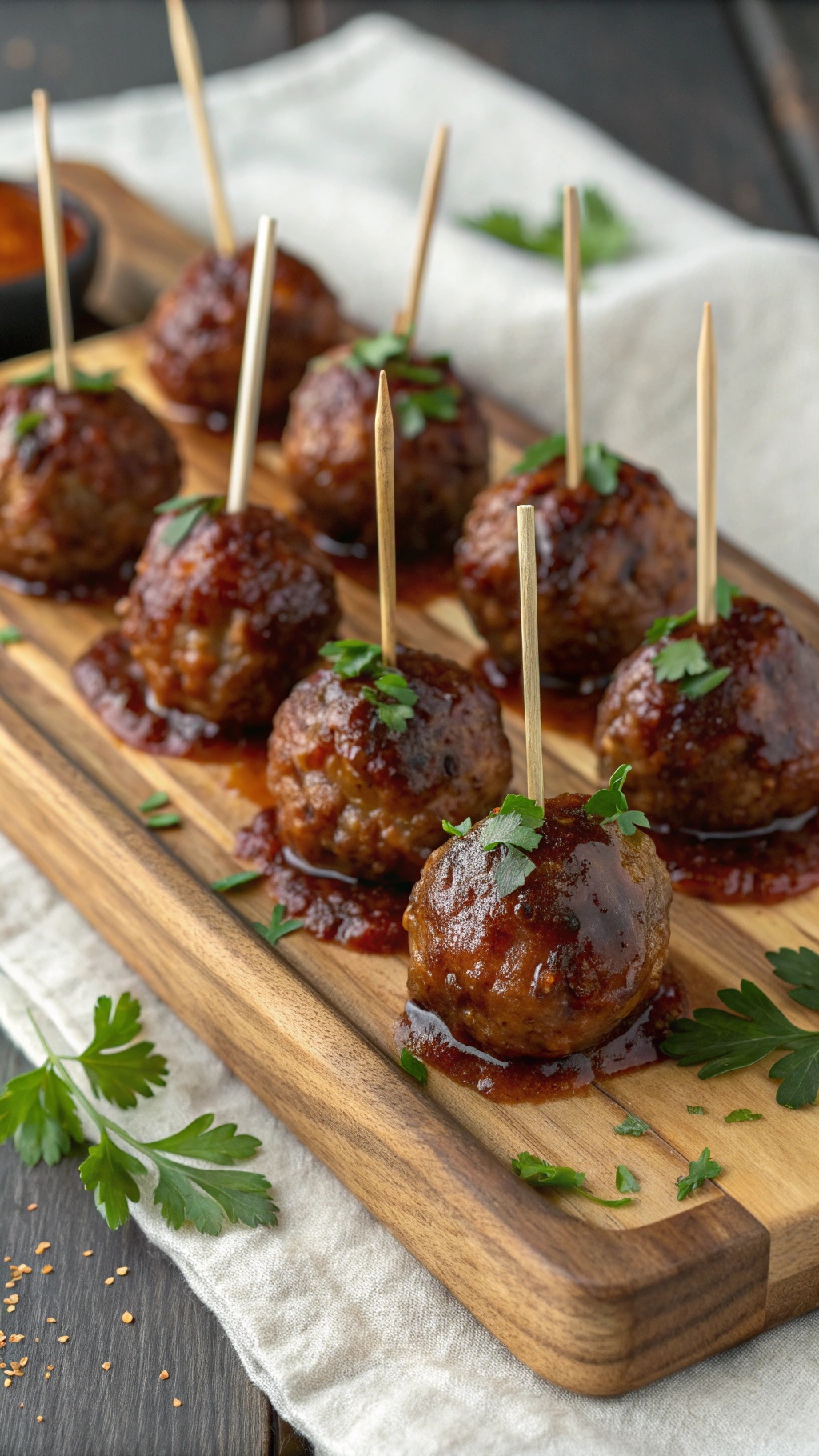 Delicious sweet and tangy BBQ meatballs on a wooden platter, garnished with parsley and served with toothpicks.