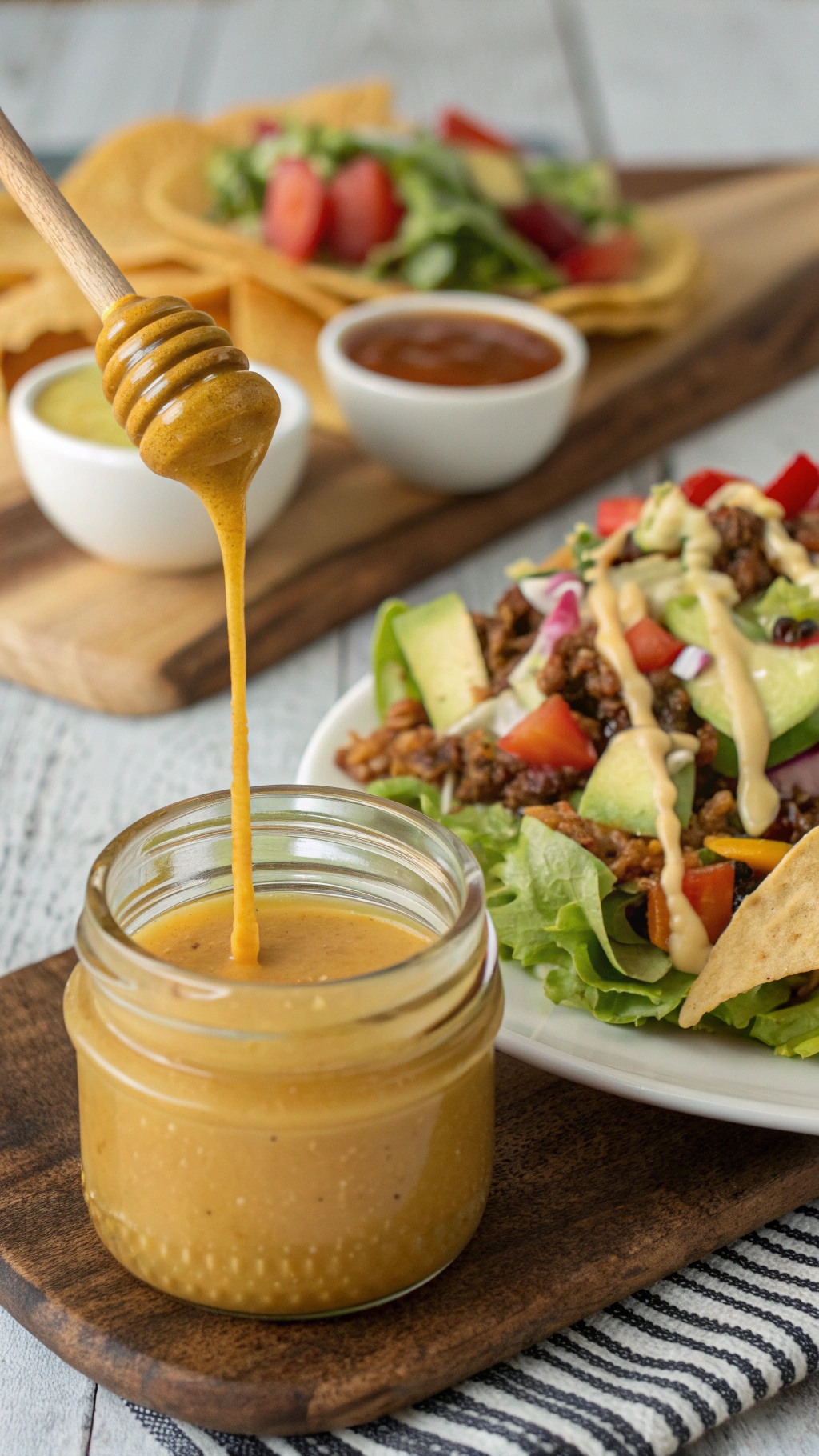A jar of honey mustard dressing with a drizzle pouring from a wooden spoon, alongside a fresh taco salad.