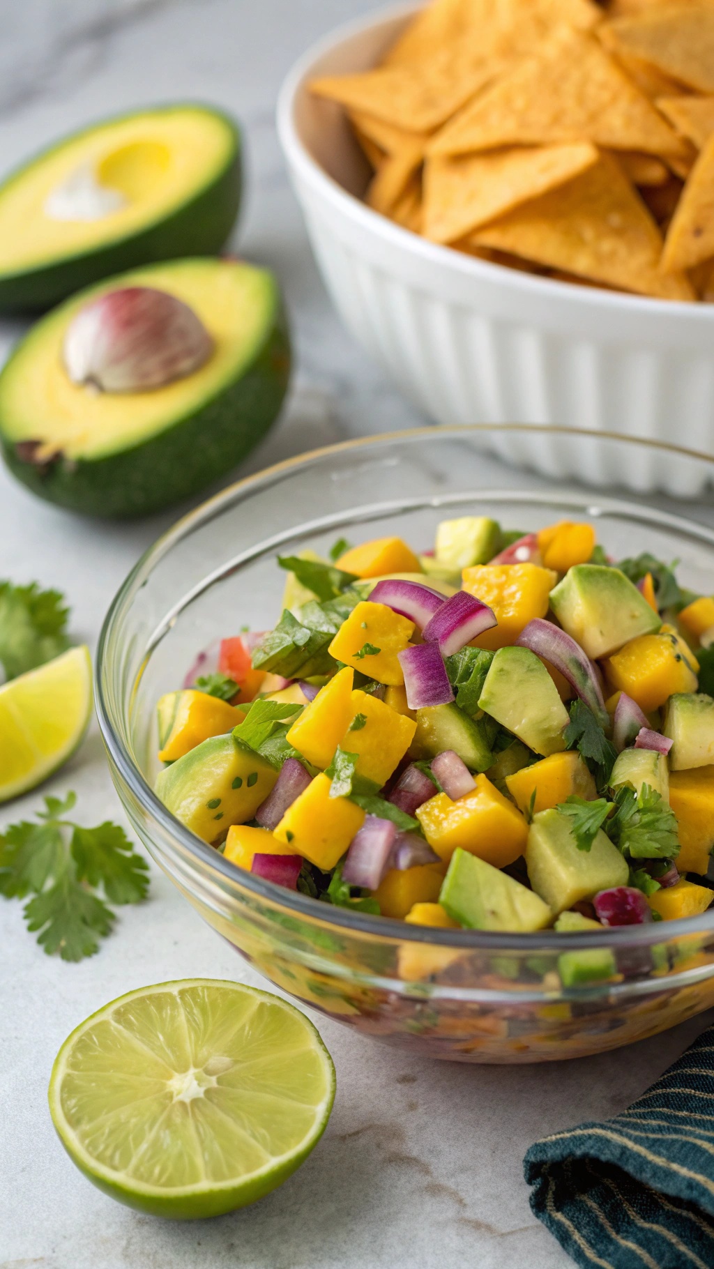 A bowl of mango avocado salsa with tortilla chips in the background.