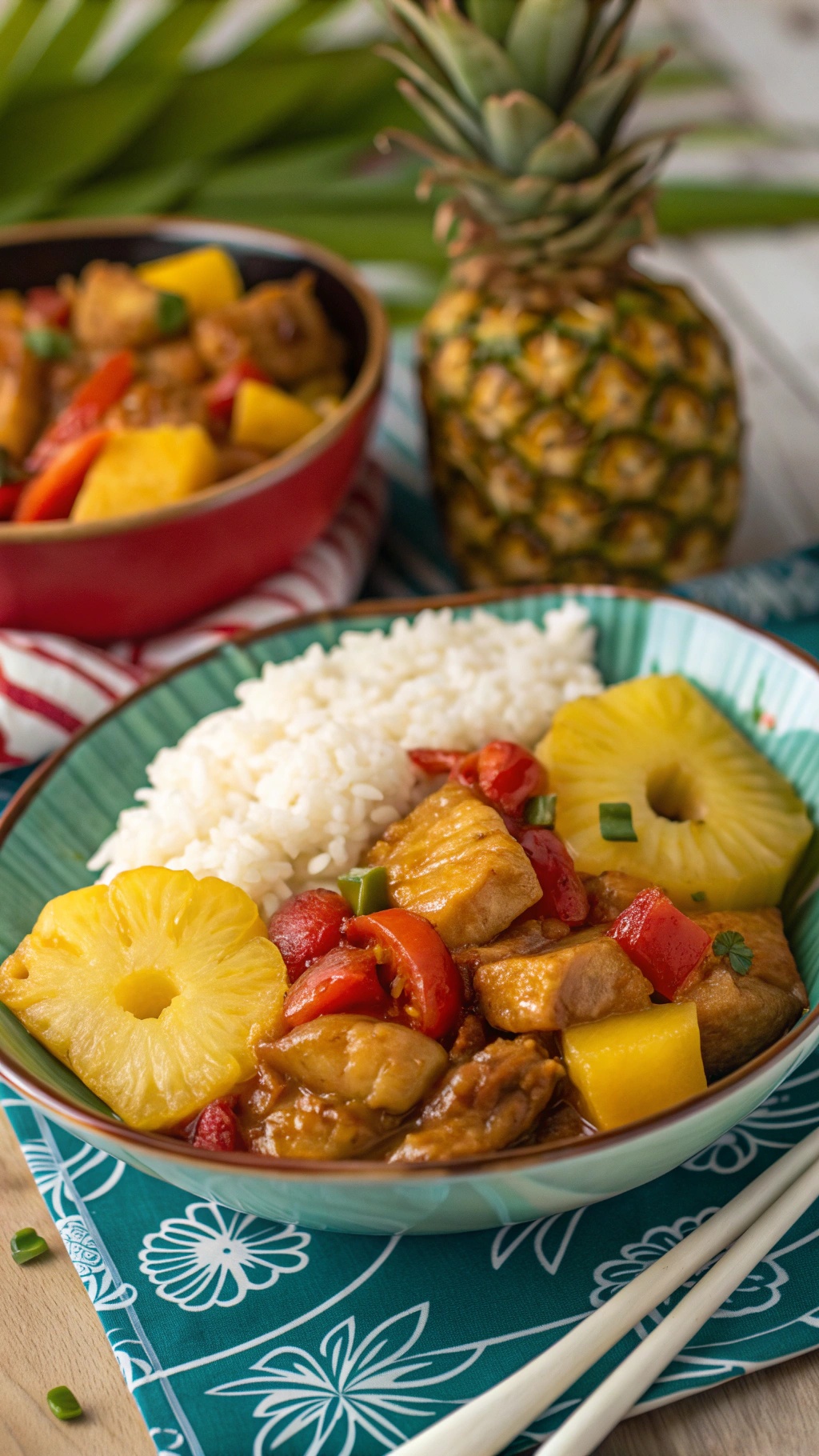 A bowl of Sweet and Tangy Pineapple Chicken with rice, pineapple, and bell peppers.