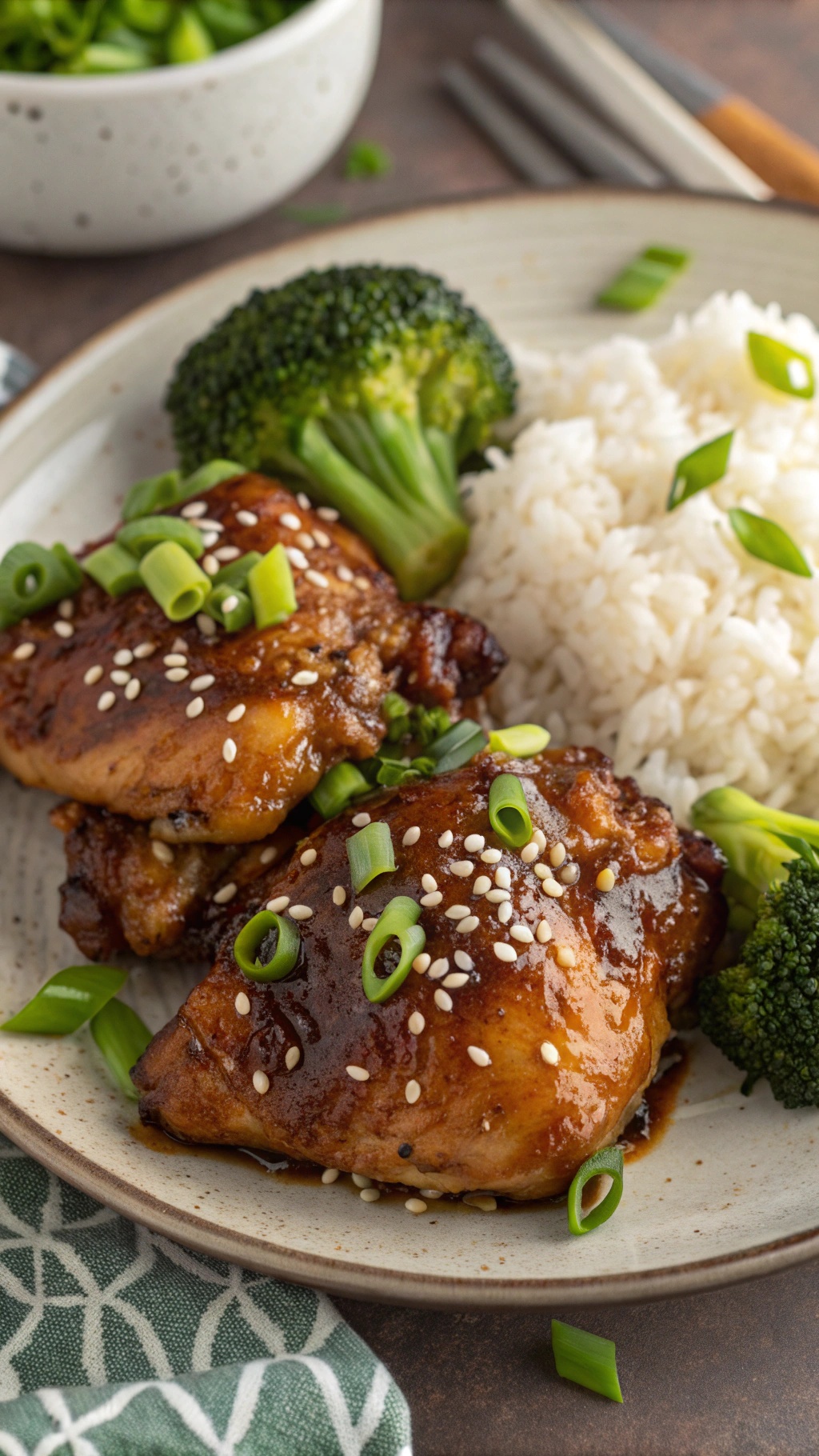Plate of sweet and tangy teriyaki baked chicken thighs with broccoli and rice.