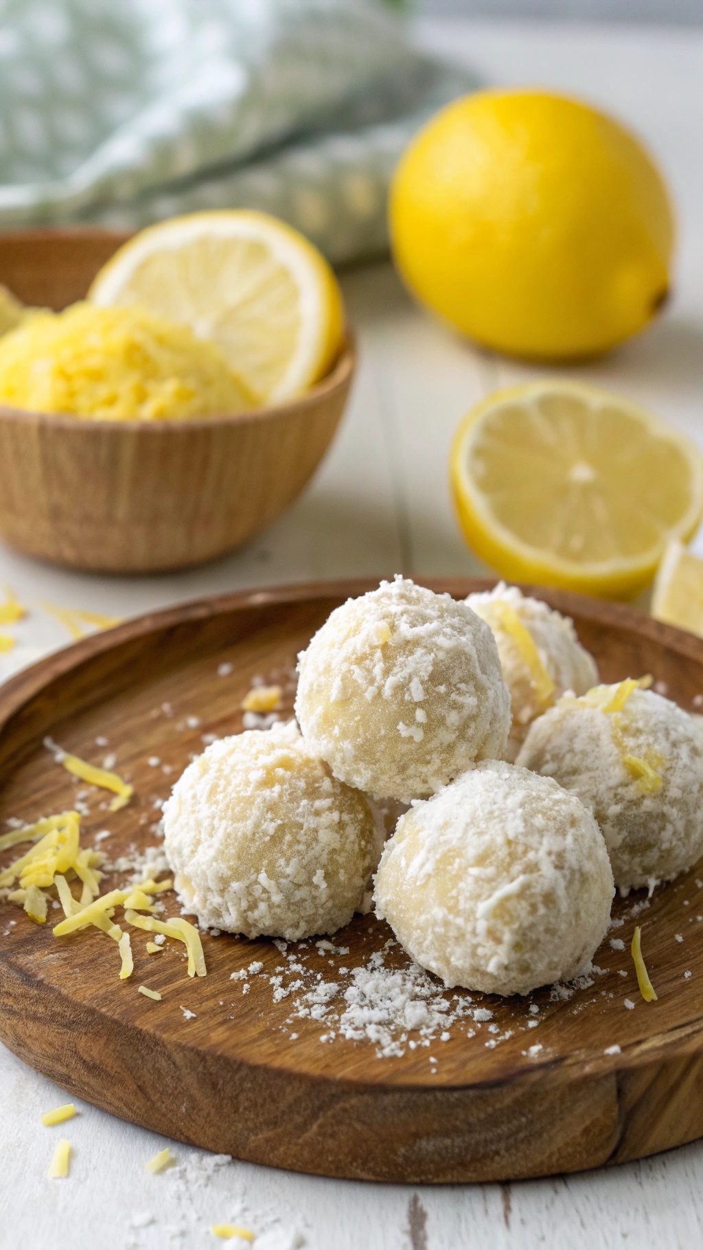 Lemon Coconut Energy Balls on a wooden plate with lemon slices and shredded coconut in the background.