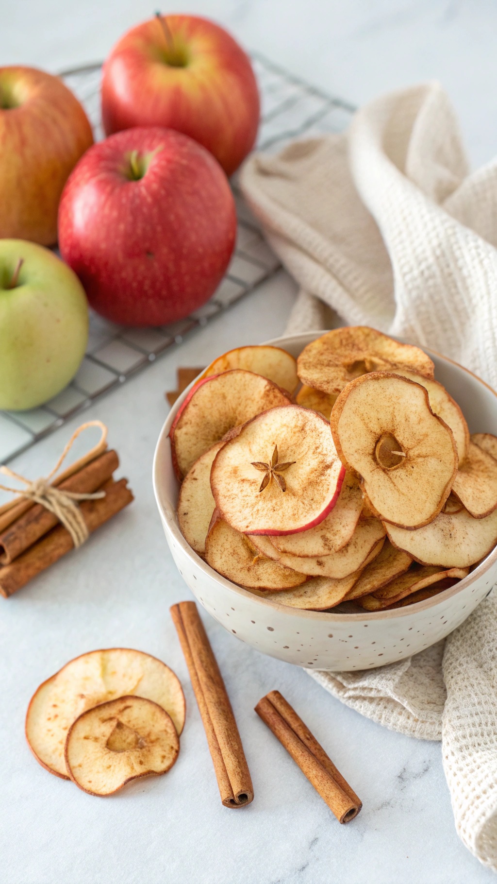 A bowl of sweet cinnamon apple chips with fresh apples and cinnamon sticks in the background.
