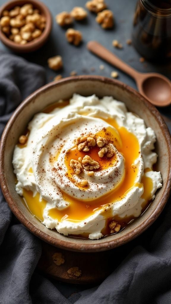 A bowl of cottage cheese topped with honey and walnuts.