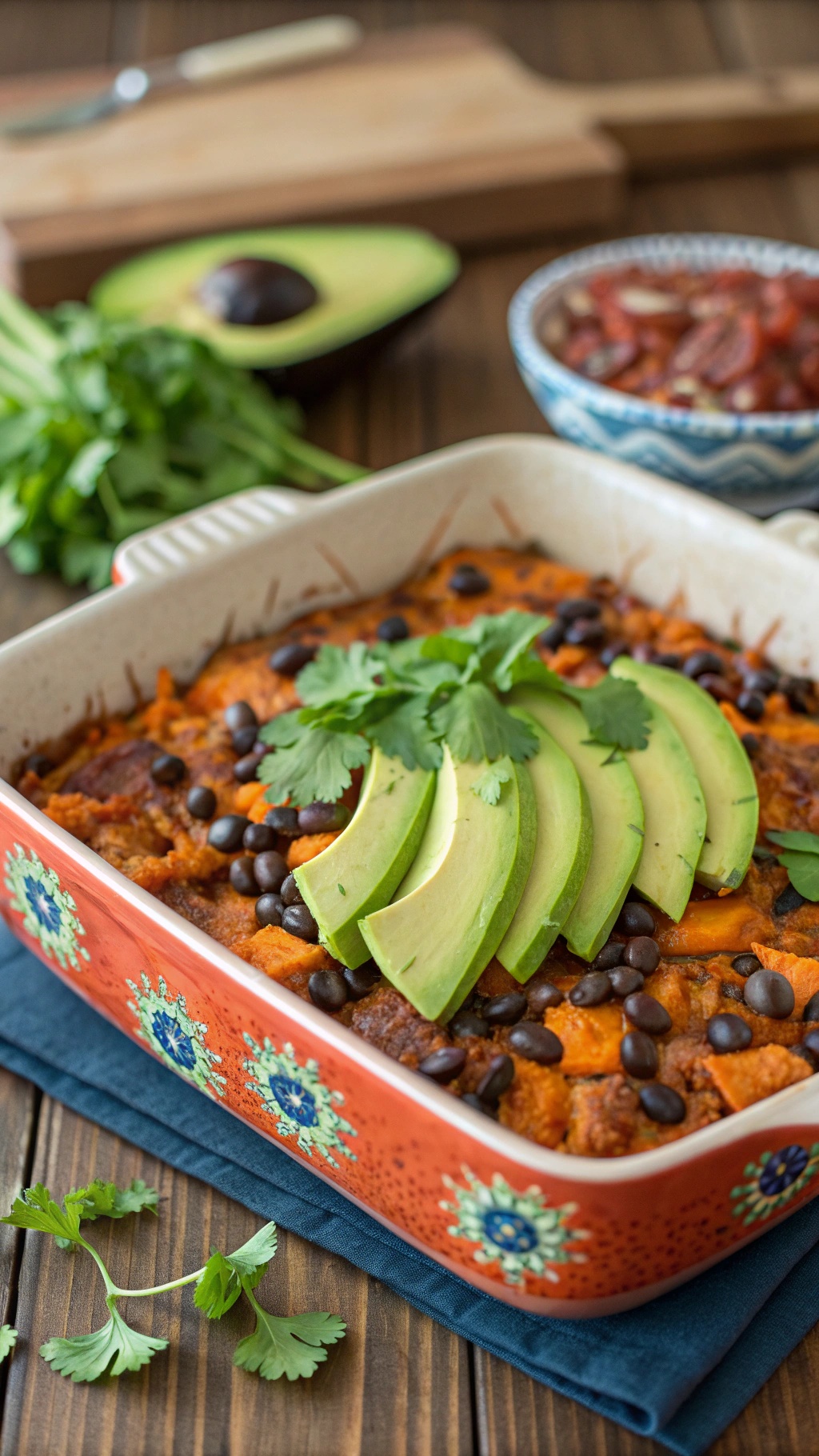 A colorful sweet potato and black bean casserole topped with avocado slices and cilantro.