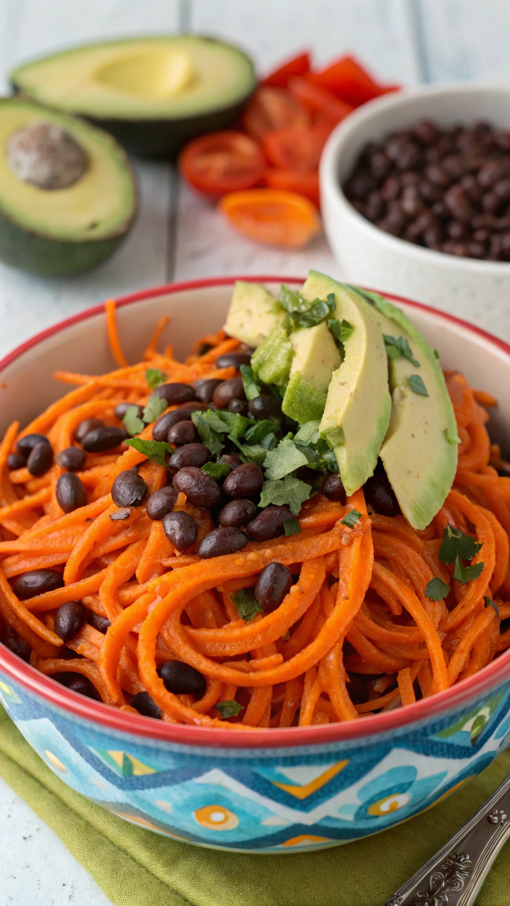 A colorful Sweet Potato and Black Bean Pasta Bowl topped with avocado and cilantro.